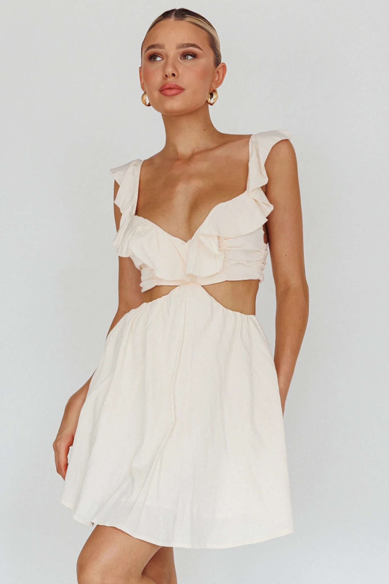 Revel Ruffle Trim Cut-Out Waist Dress Ivory - Sonourner