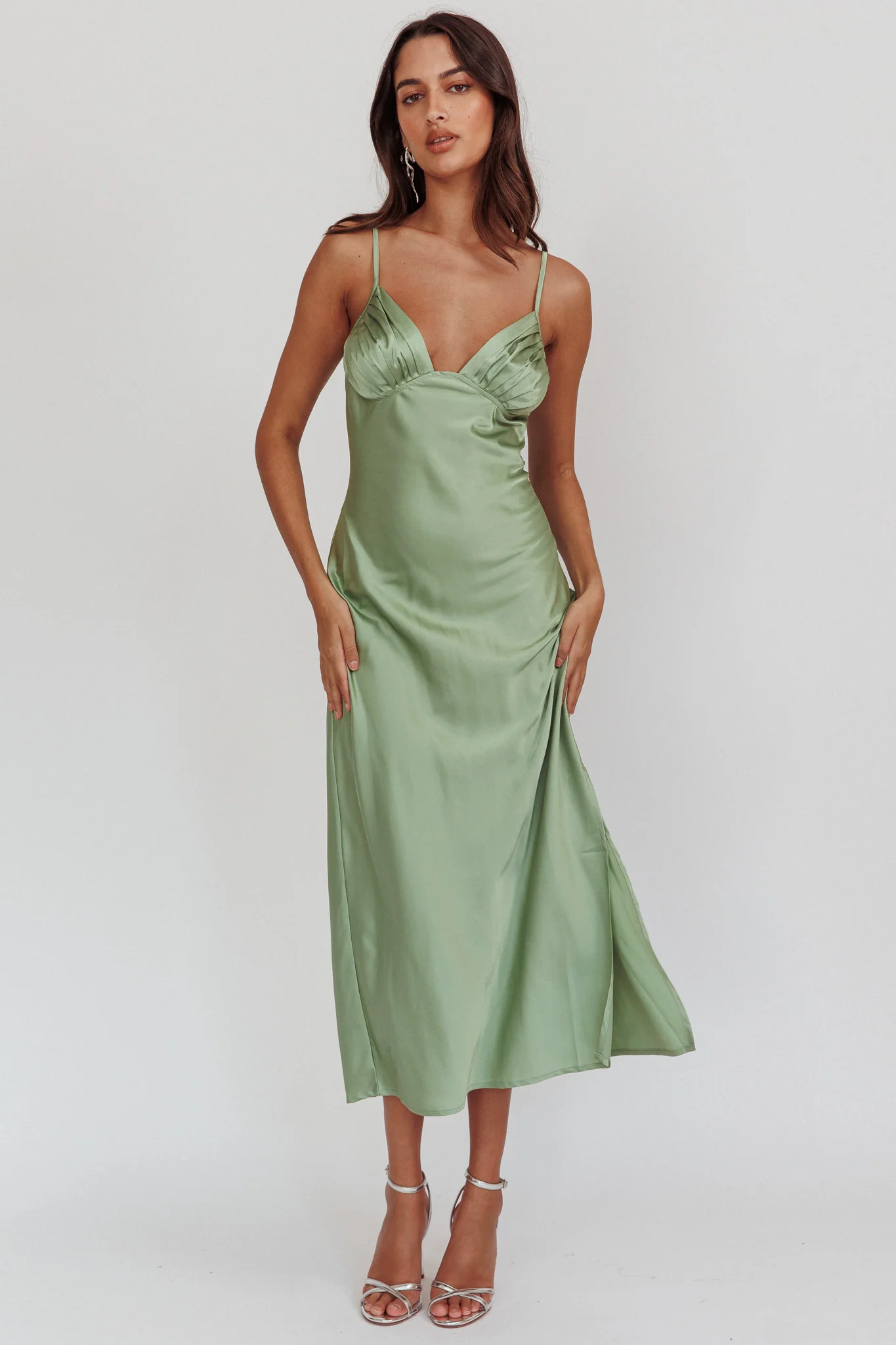 Felicity Pleat Bust Split Midi Dress Sage - Sonourner