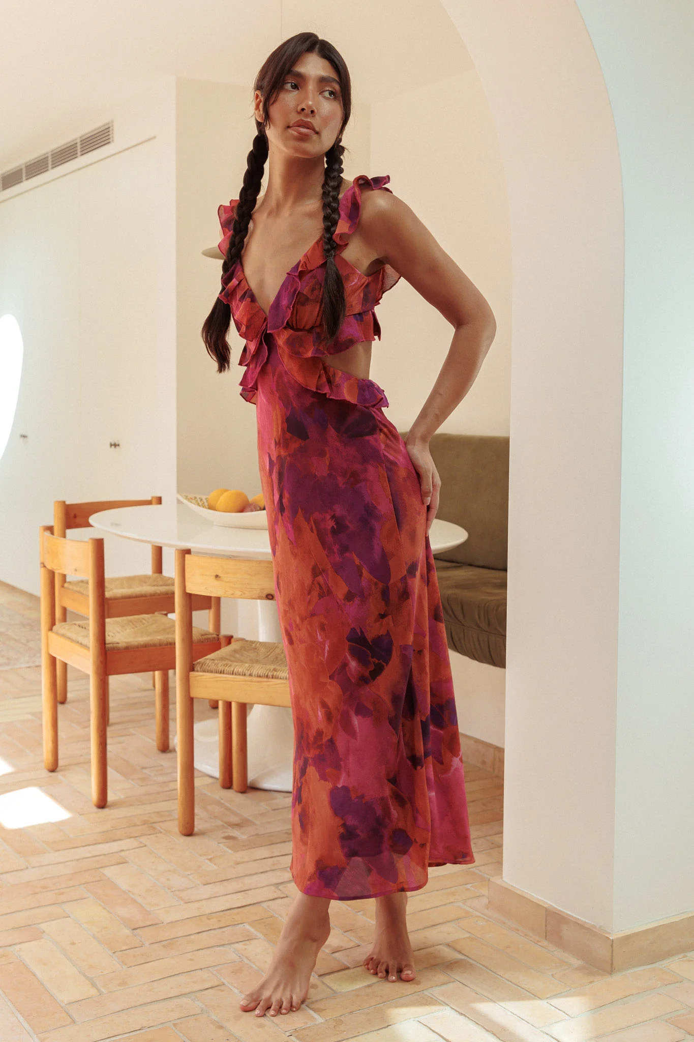 Second Chances Ruffle Trim Maxi Dress Flowers Dark Rose - Sonourner