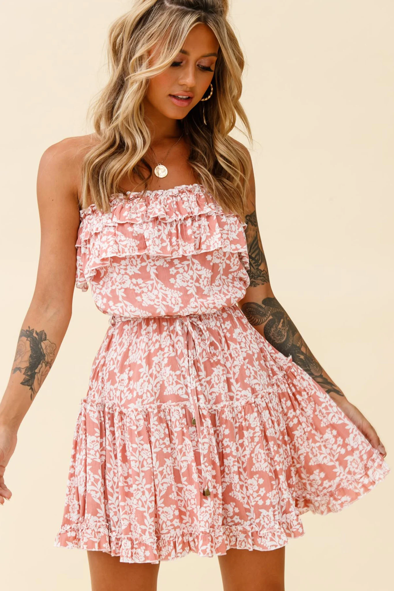 Raquel Strapless Layered Dress Floral Print Blush - Sonourner