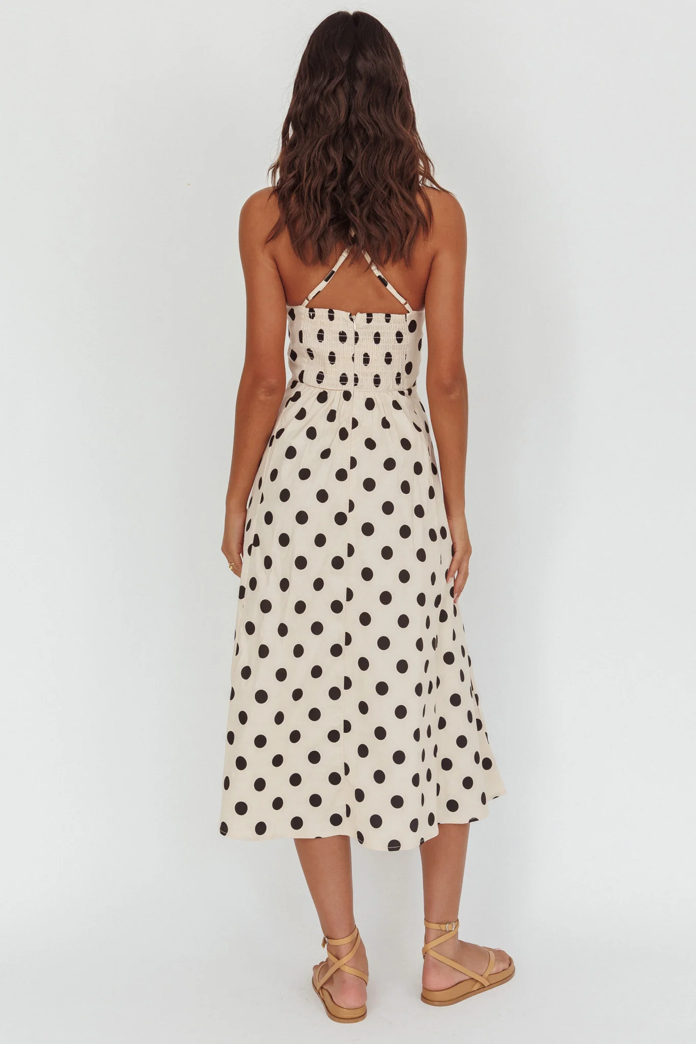 Second Glance Olga Criss-Cross Back Midi Dress Polka Dot Beige - Sonourner