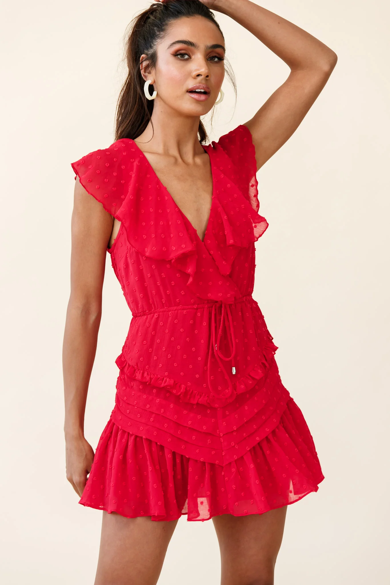 Willah Pintuck And Frill Detail Drawstring Dress Red Textured - Sonourner