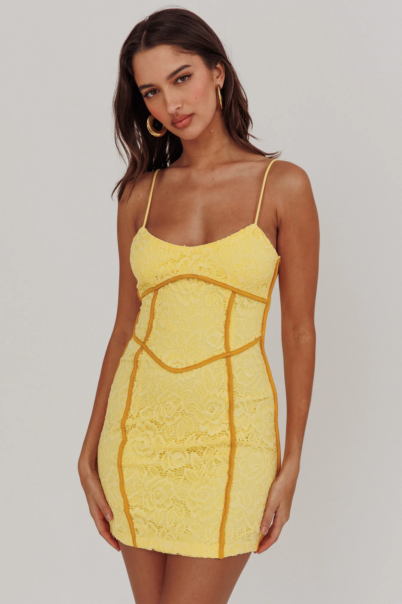 Shenae Piping Trim Mini Dress Lace Yellow - Sonourner