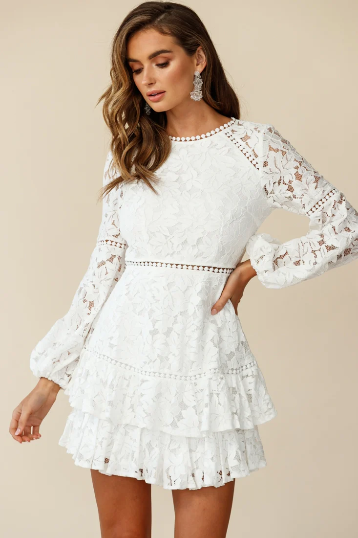 Henrietta Lace Overlay Long Sleeve Ruffle Dress White - Sonourner