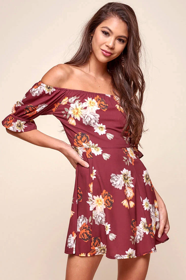 Hera Off the Shoulder Fit and Flare Floral Dress Red - Sonourner