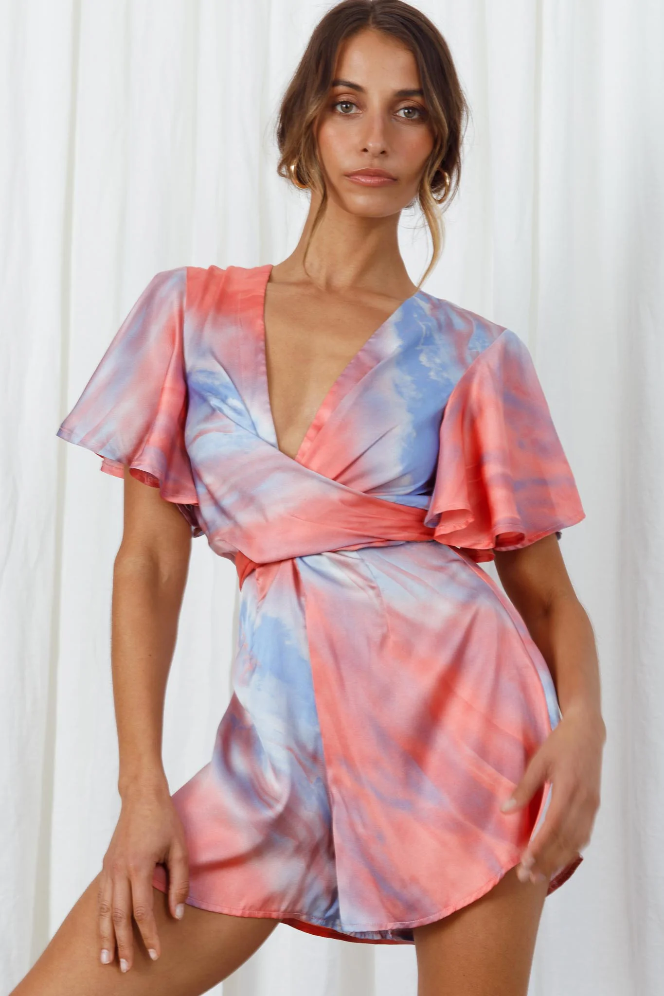 Unconditional Plunging Wrap Style Romper Marbled Tie Dye Red/Purple - Sonourner