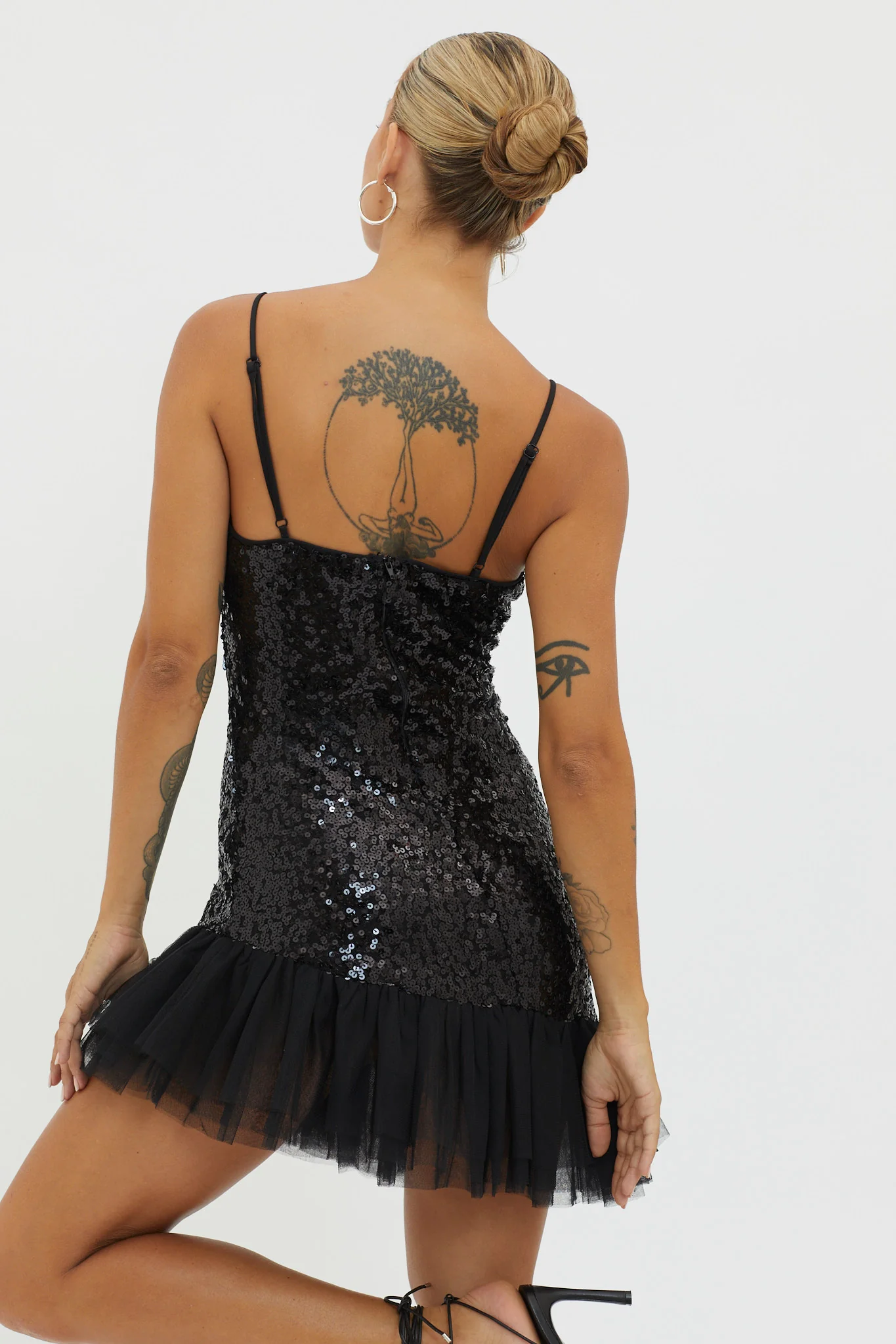 Sassafras Tulle Hem Sequin Mini Dress Black - Sonourner