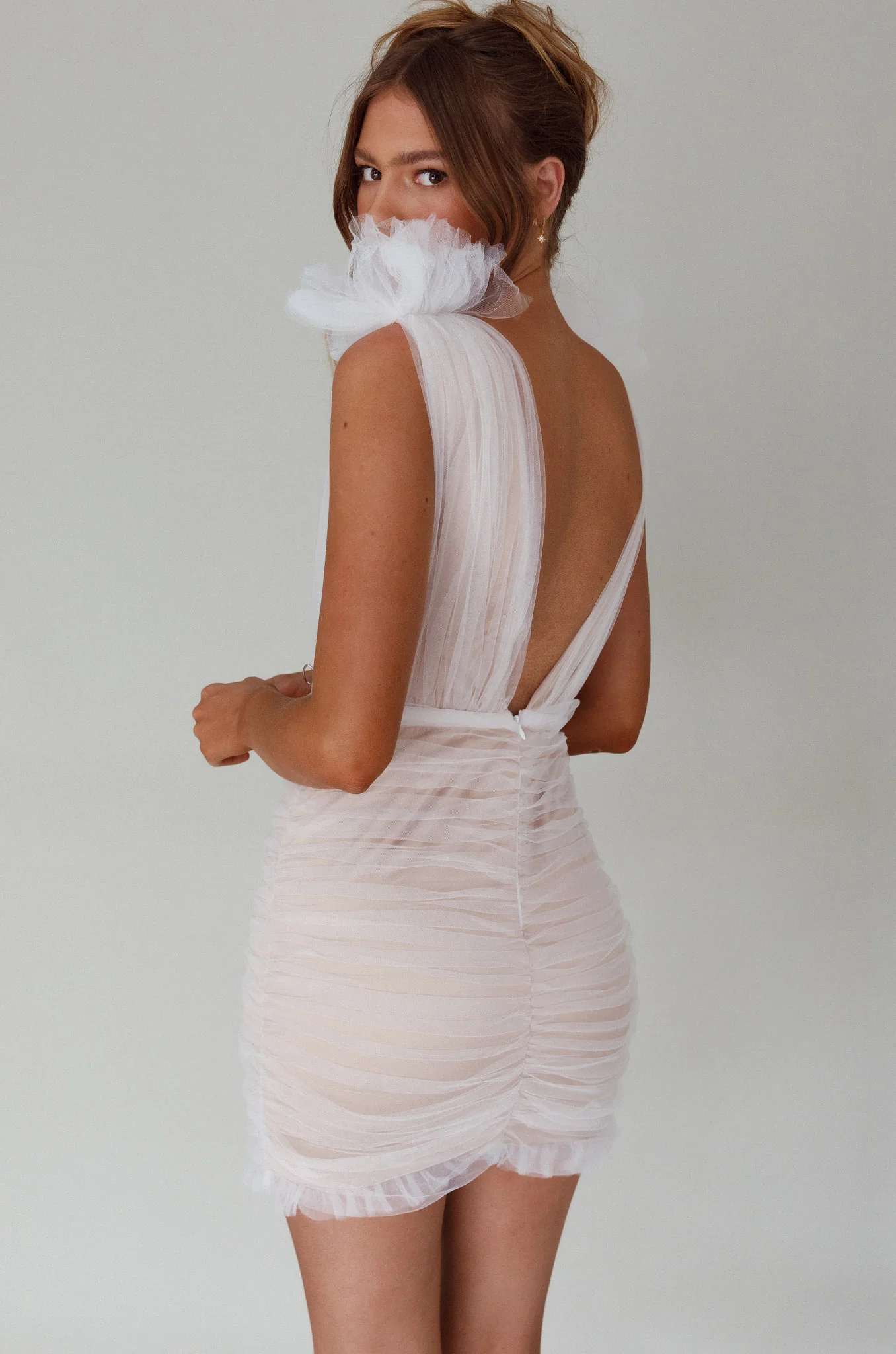 Ludivine Shoulder Accent Mesh Mini Dress White - Sonourner