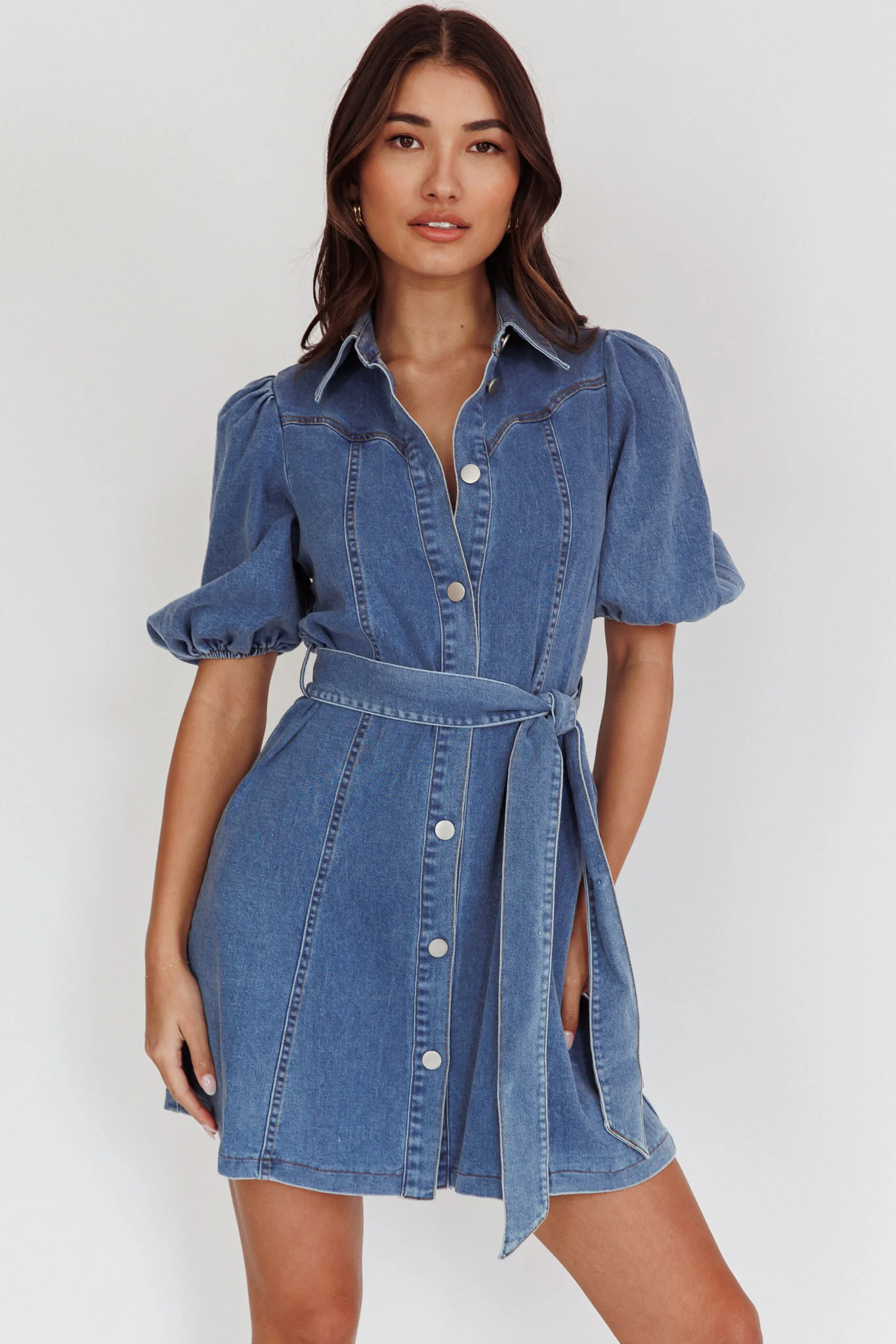 Myleigh Puff Sleeve Waist Tie Mini Dress Denim Blue - Sonourner