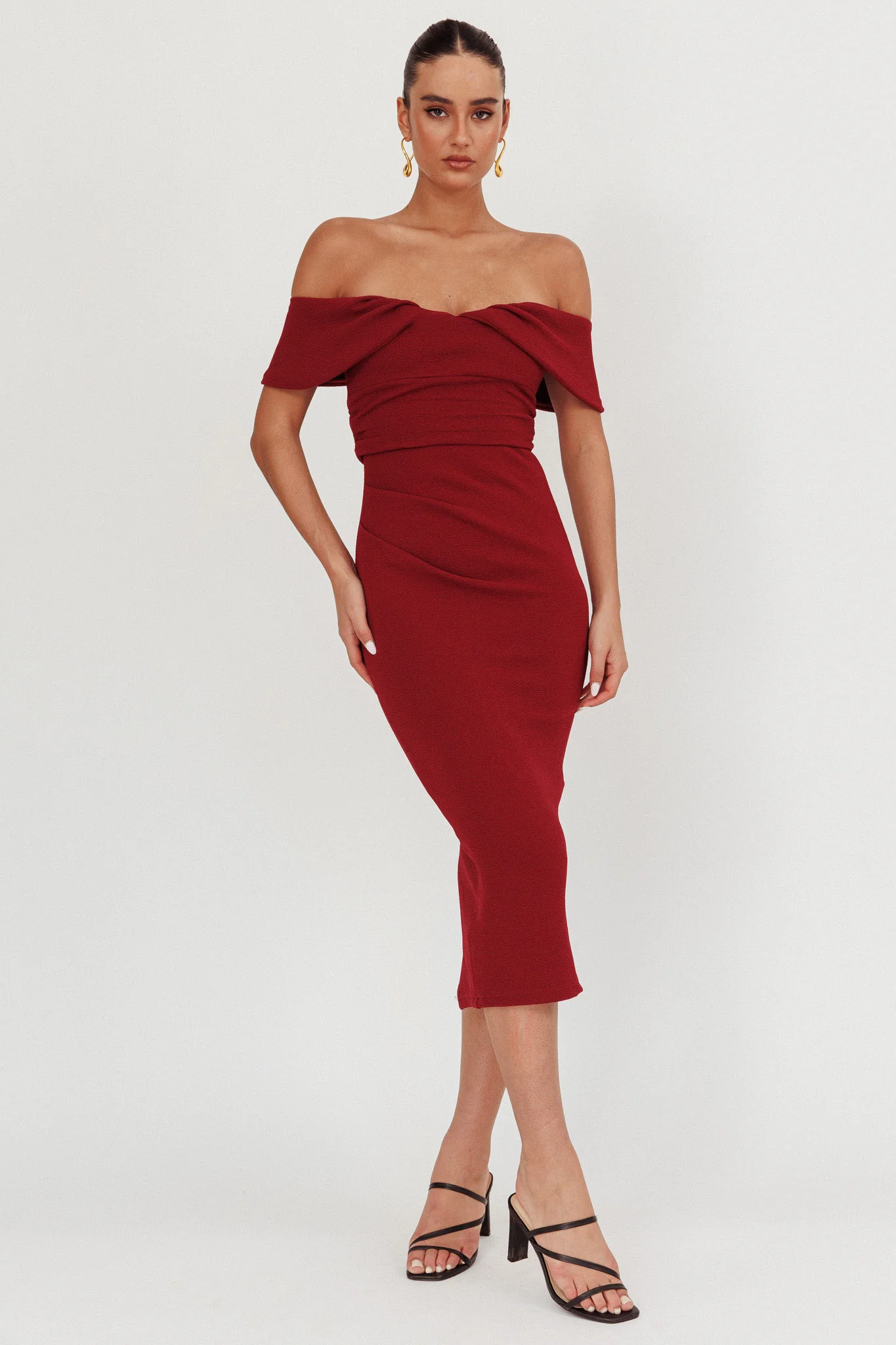 Lillianne Off-Shoulder Midi Dress Wine - Sonourner