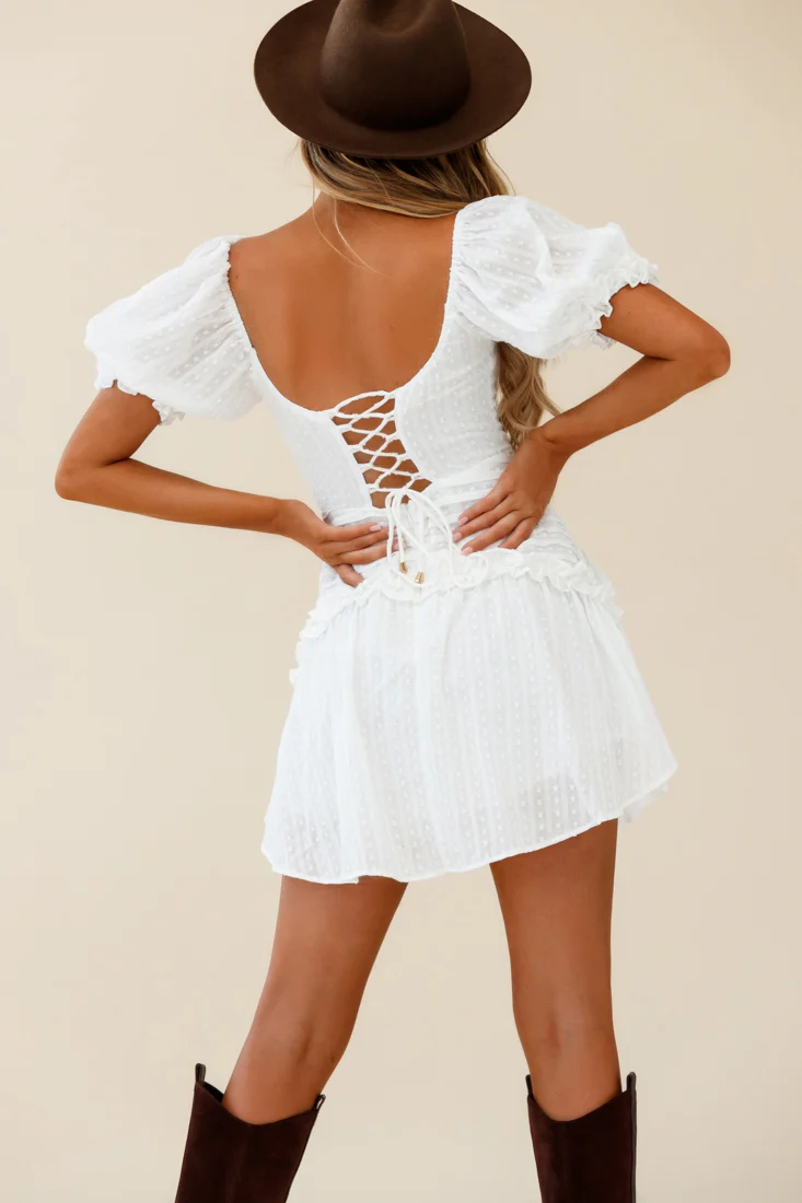 Sunshine Lane Milkmaid Sleeve Lace-up Back Dress White - Sonourner
