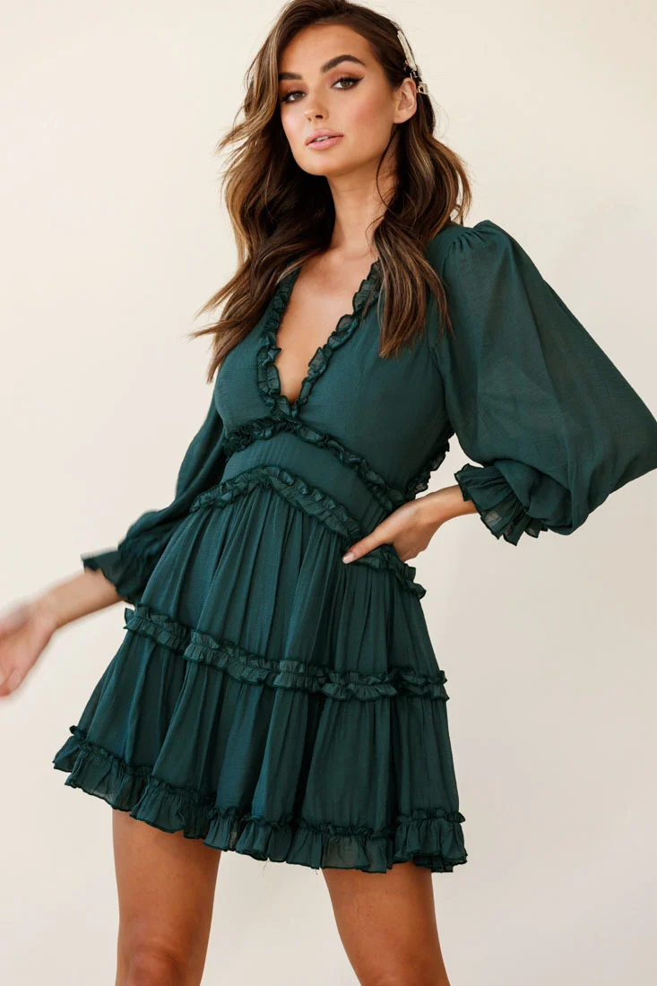 Laney Cutout Back Balloon Sleeve Dress Green - Sonourner