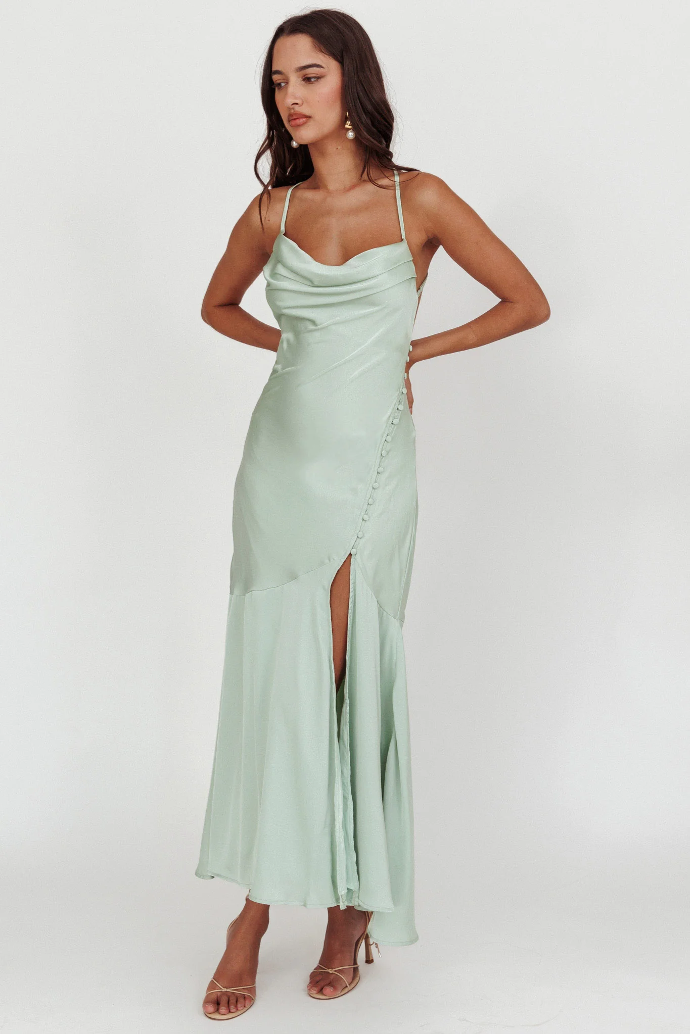 Elpis Cowl Button Satin Maxi Dress Mint - Sonourner