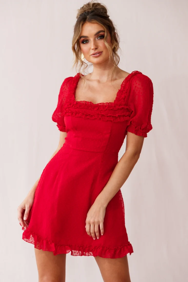 Lara Puff Sleeve Frill Dress Red - Sonourner