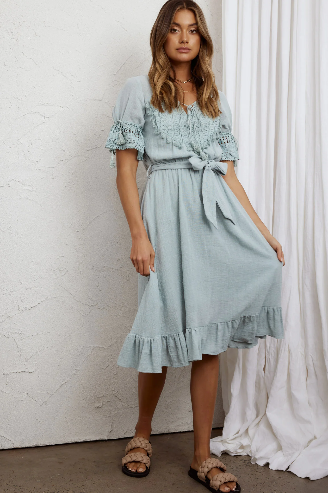 Jada Short Sleeve Crochet Tassel Midi Dress Sage - Sonourner