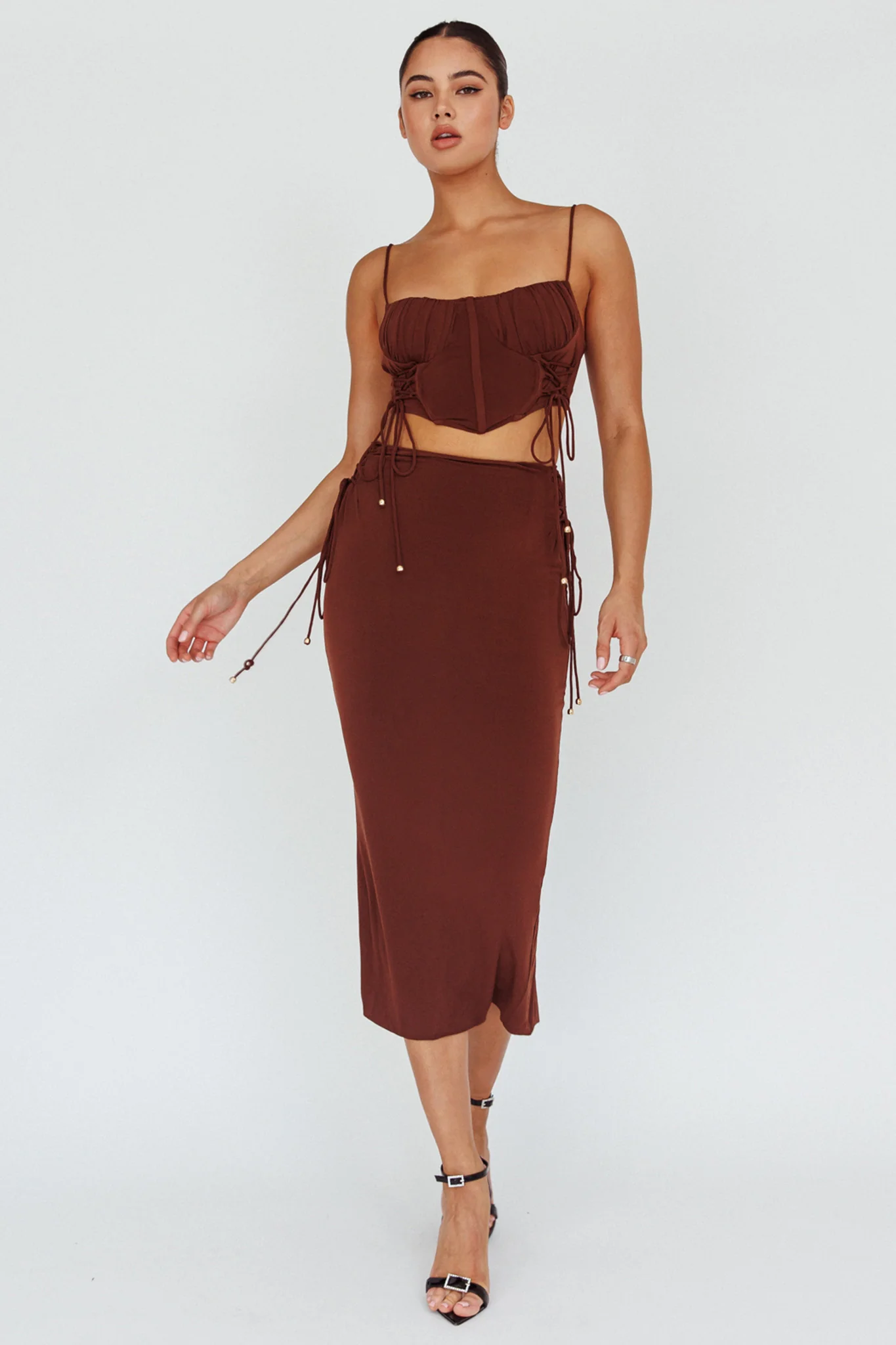 Graziella Lace Up Midi Skirt Chocolate - Sonourner