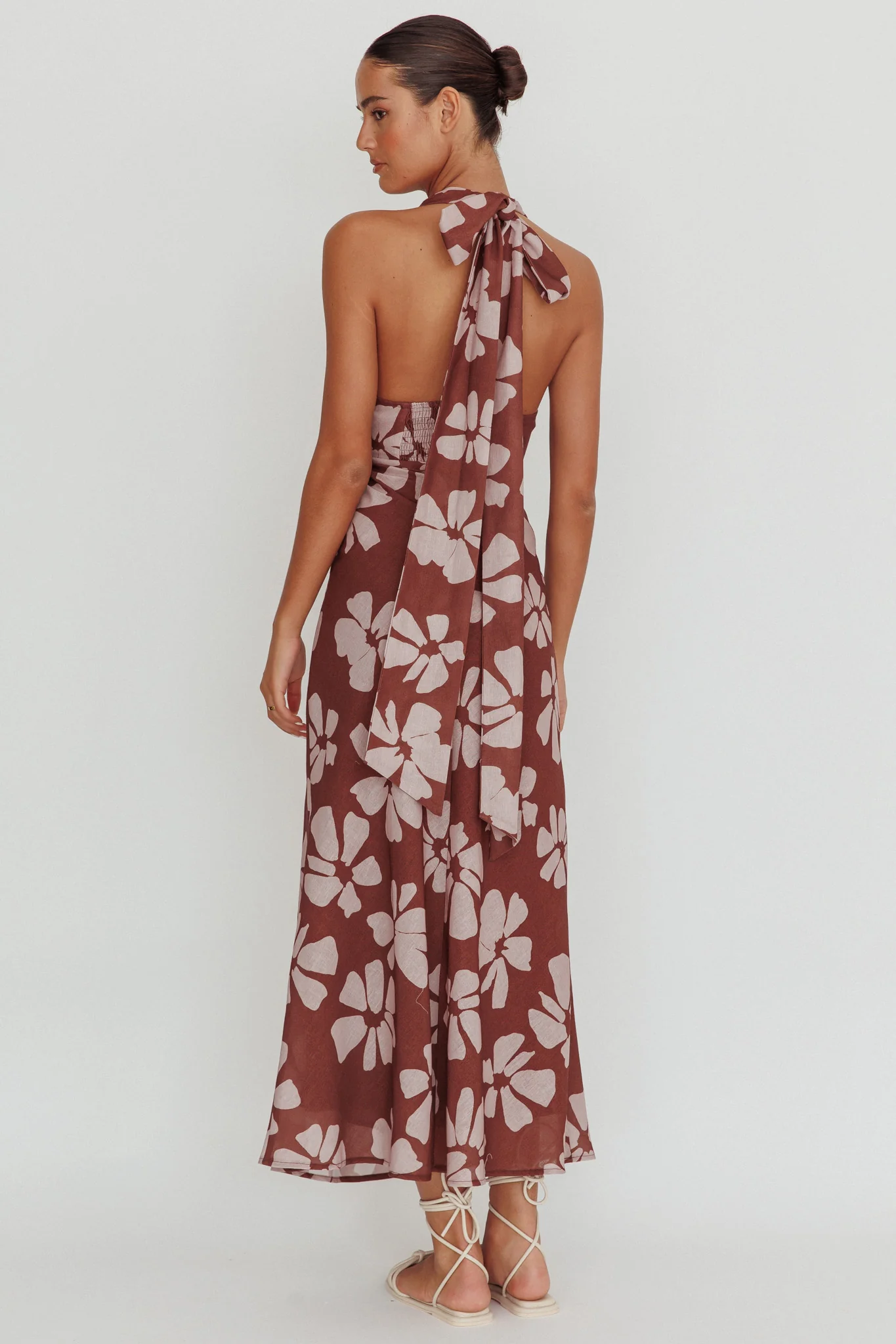 Italia Azure Halterneck Floral Maxi Dress Brown - Sonourner