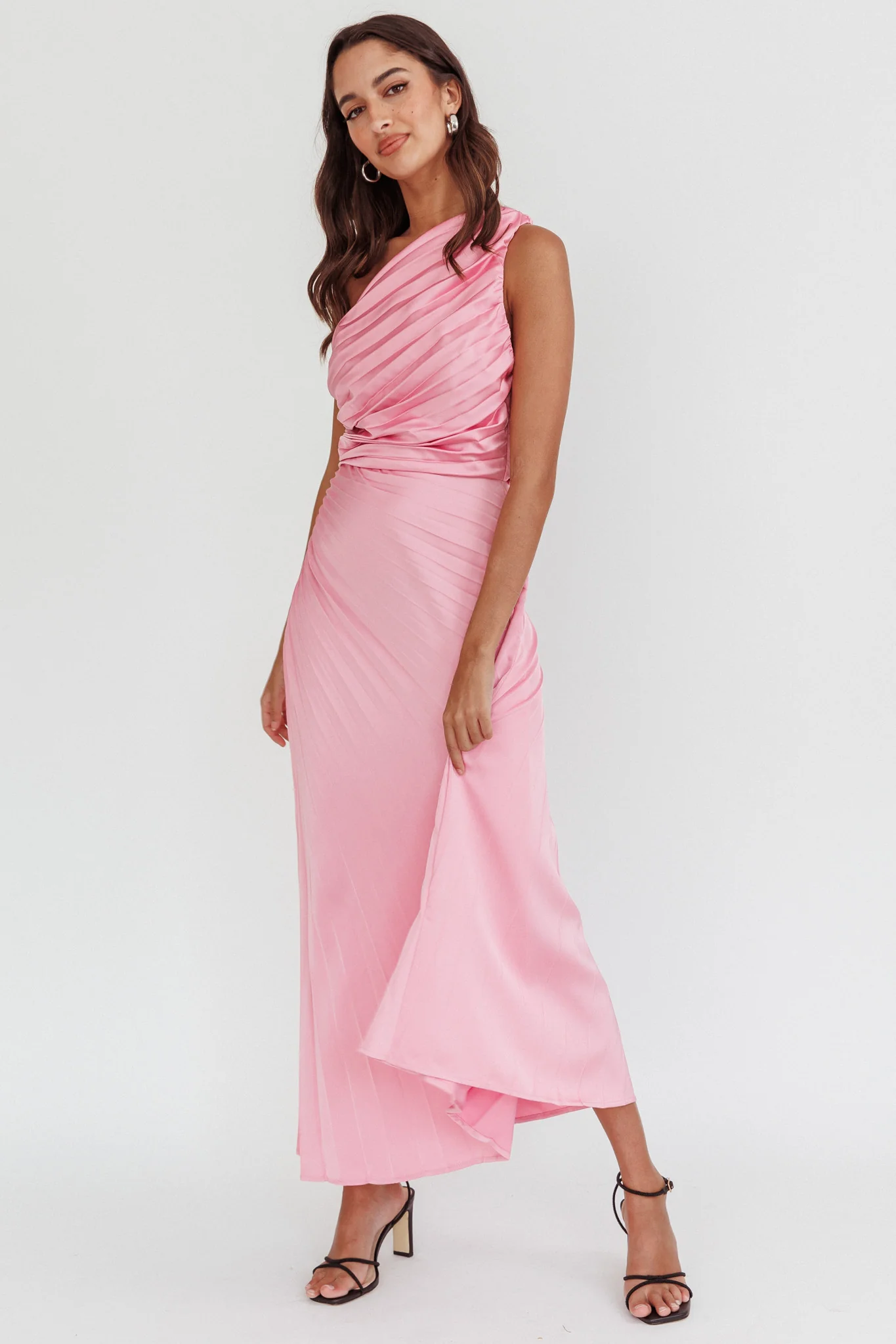 Scarlett One-Shoulder Pleat Maxi Dress Pink - Sonourner