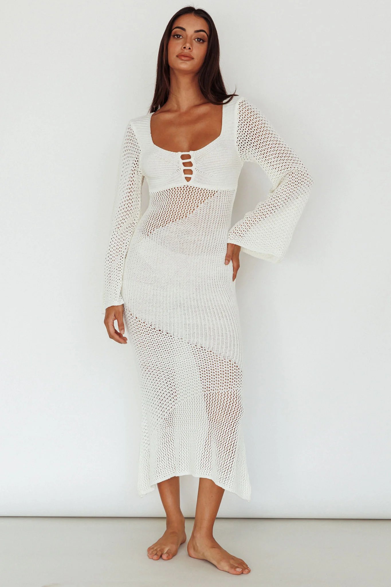 Zizi Long Sleeve Crochet Maxi Dress White - Sonourner