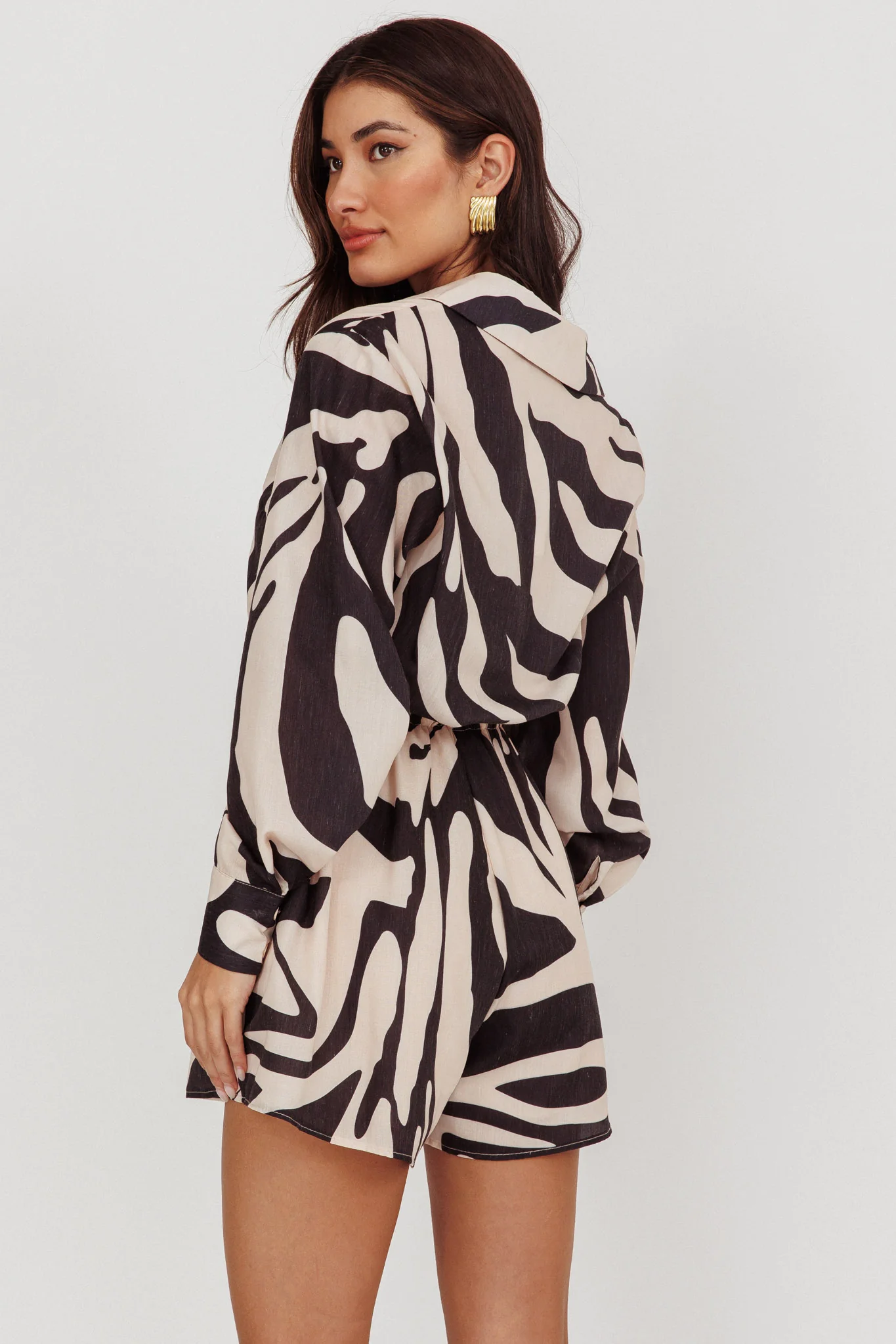 Tiki Long Sleeve Romper Print Beige - Sonourner