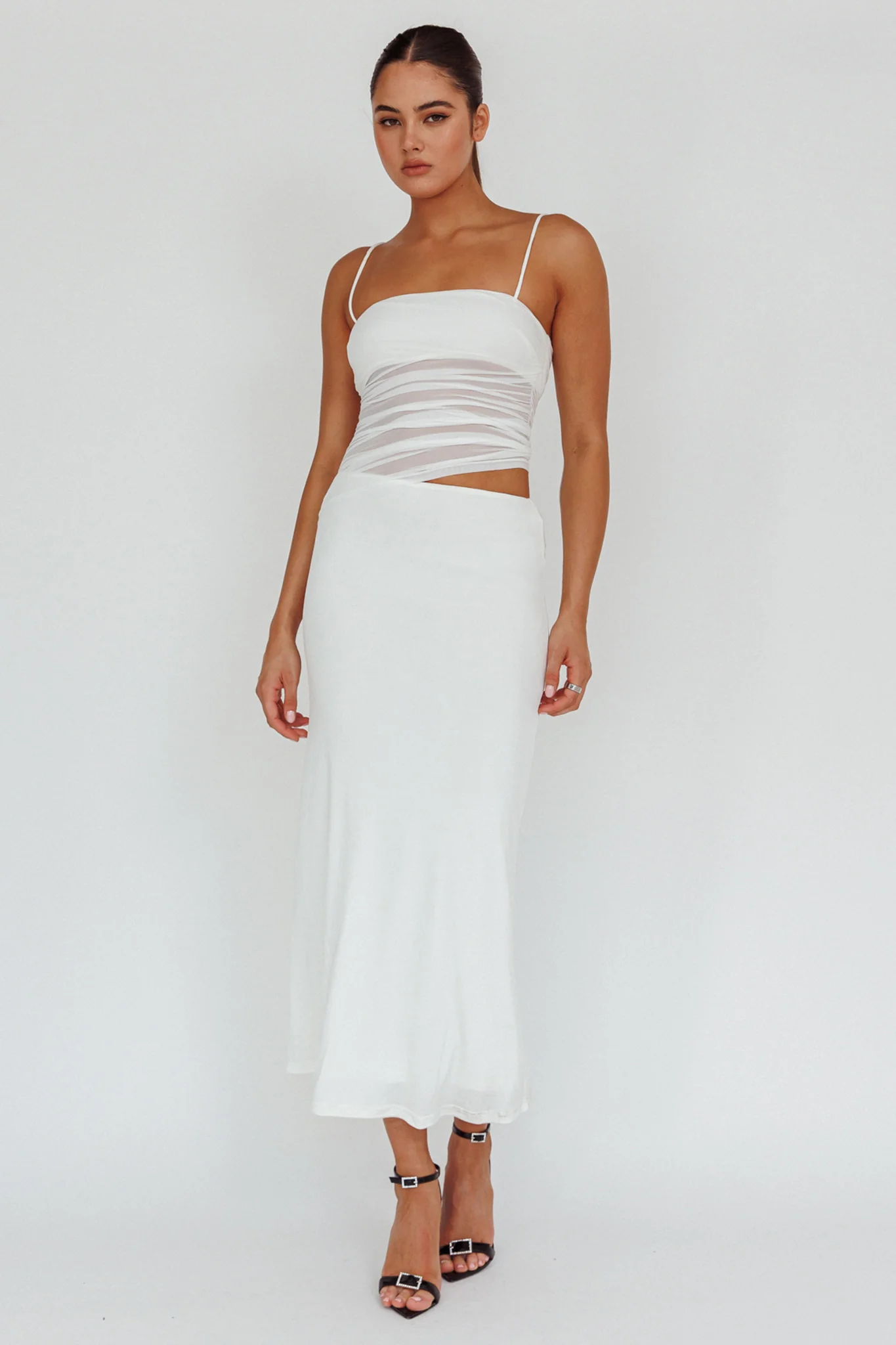 Lorely Ruched Bodice Midi Dress Vanilla - Sonourner