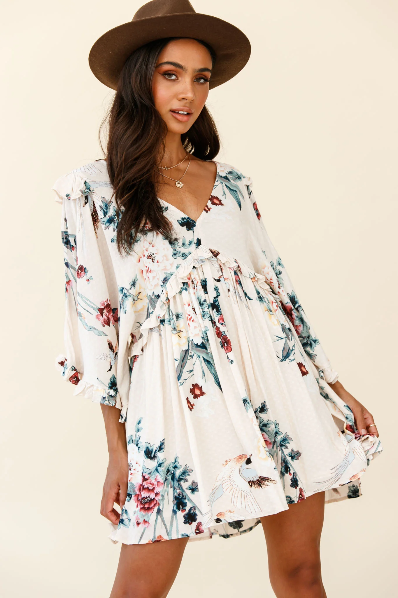 Lynette Loose Fit Angel Sleeve Dress Botanic Print Nude - Sonourner