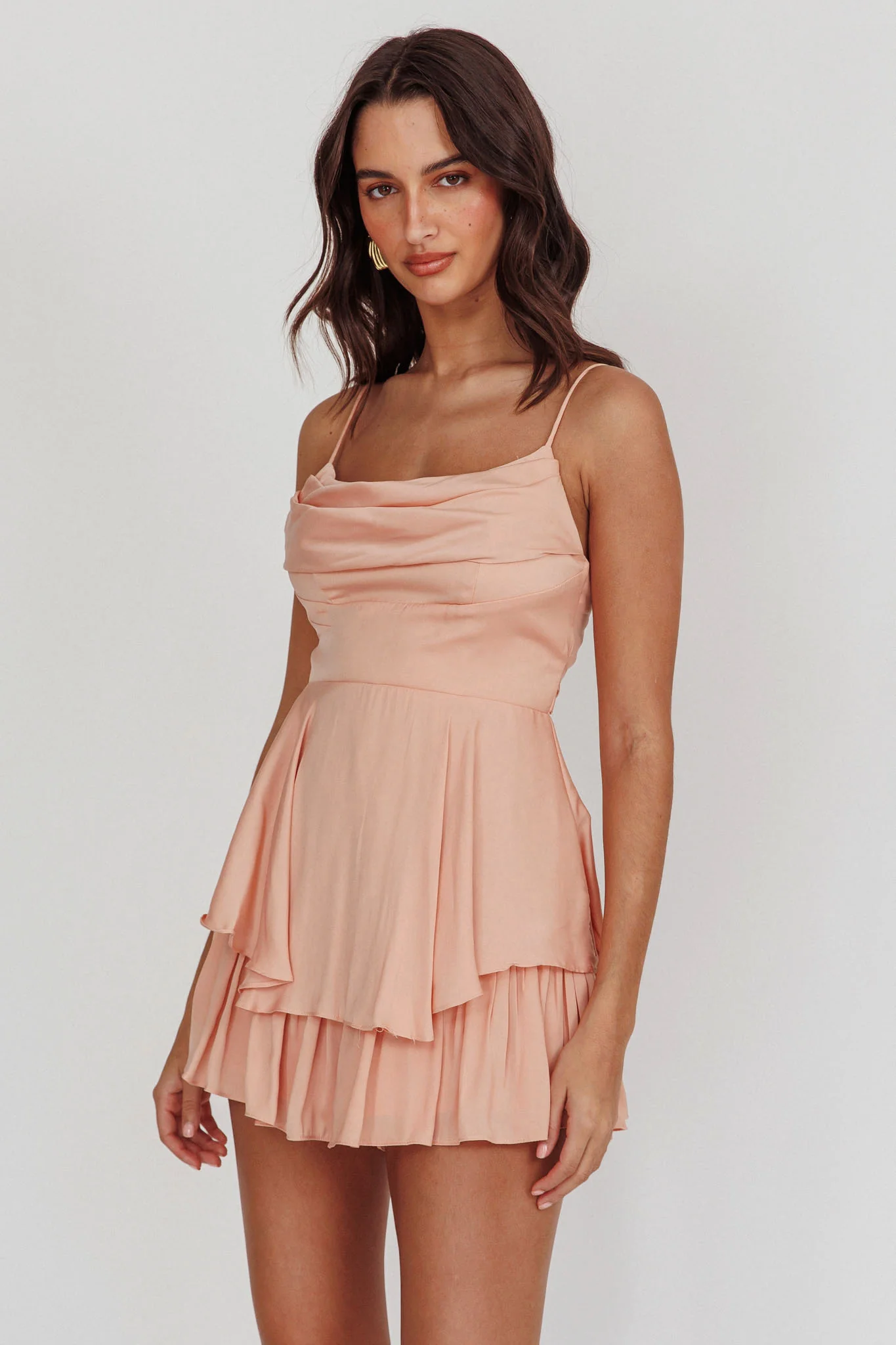 Well Versed Cowl Neck Flounce Romper Peach - Sonourner