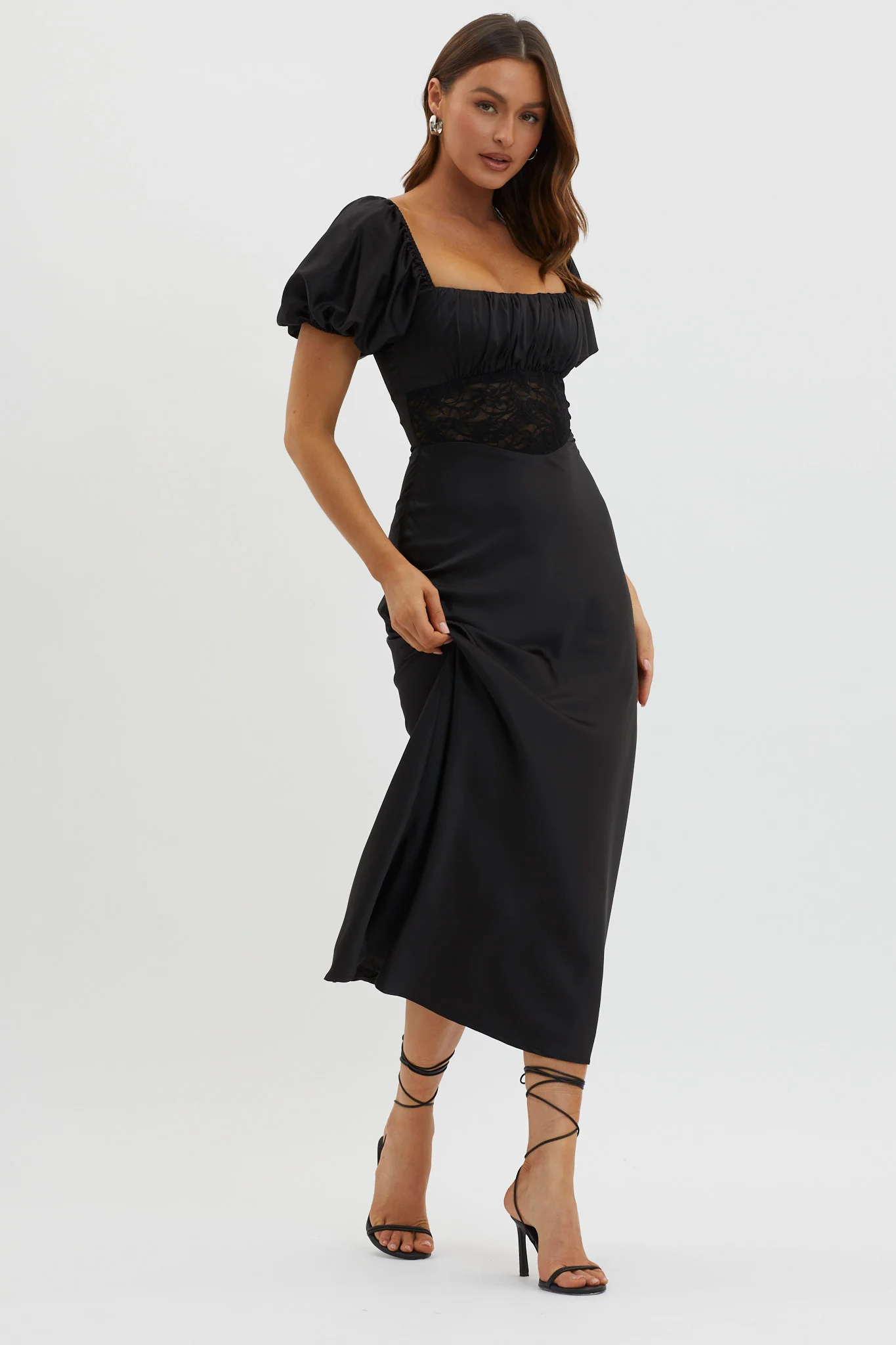 Allianna Puff Sleeve Lace Waist Midi Dress Black - Sonourner