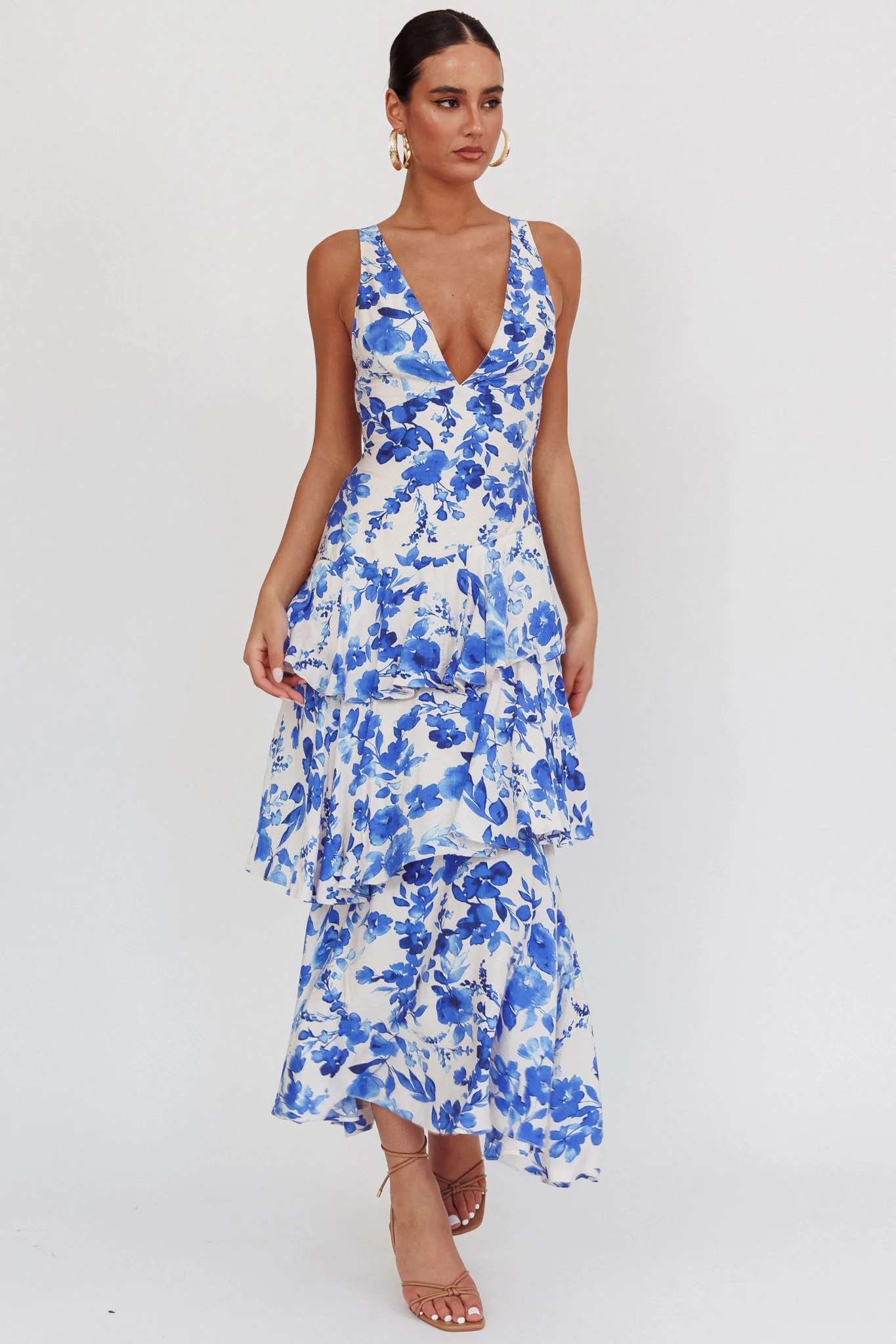 Veda Strappy Back Ruffle Maxi Dress Floral Blue - Sonourner