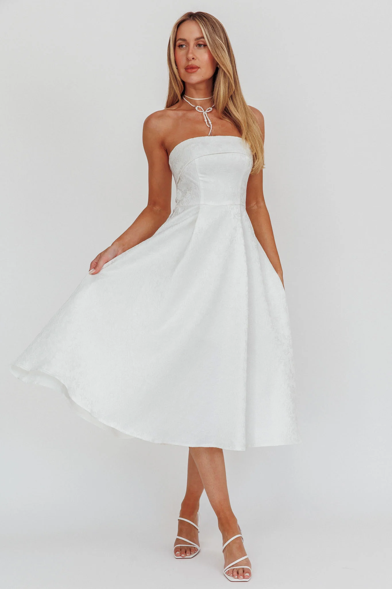 Worship Strapless A-Line Midi Dress White - Sonourner