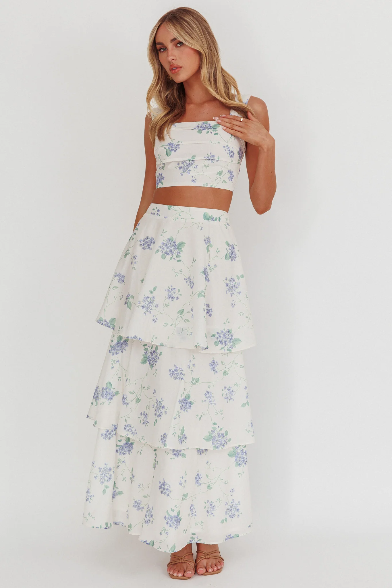 Dixon Tiered Maxi Skirt Floral Beige - Sonourner