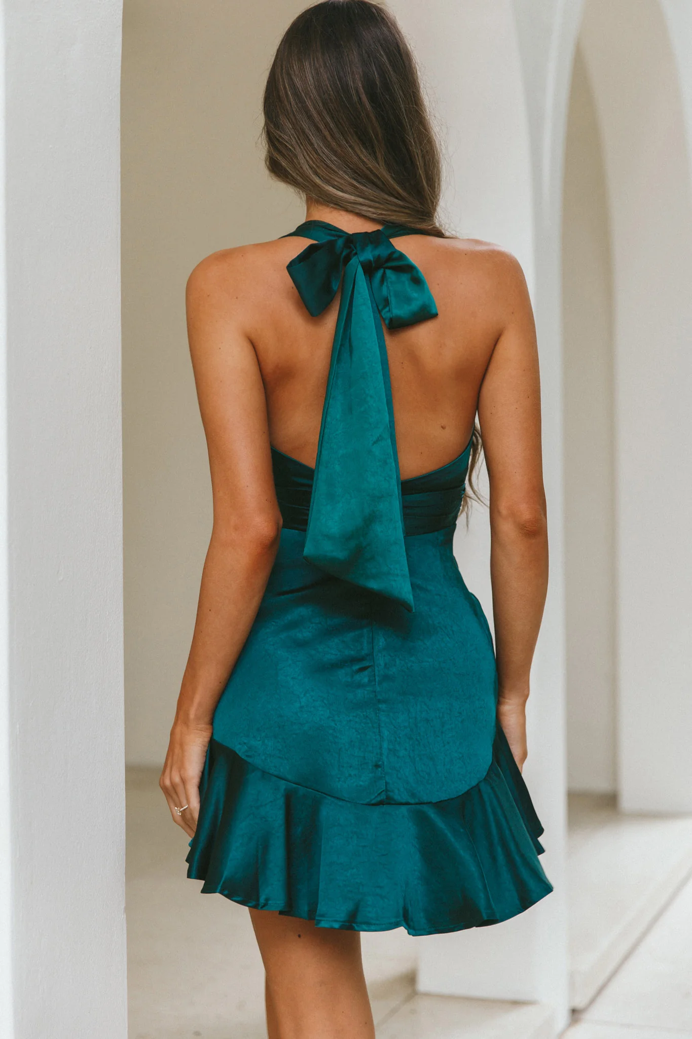 Champs Elysees Halterneck Ruffle Hem Mini Dress Forest Green - Sonourner