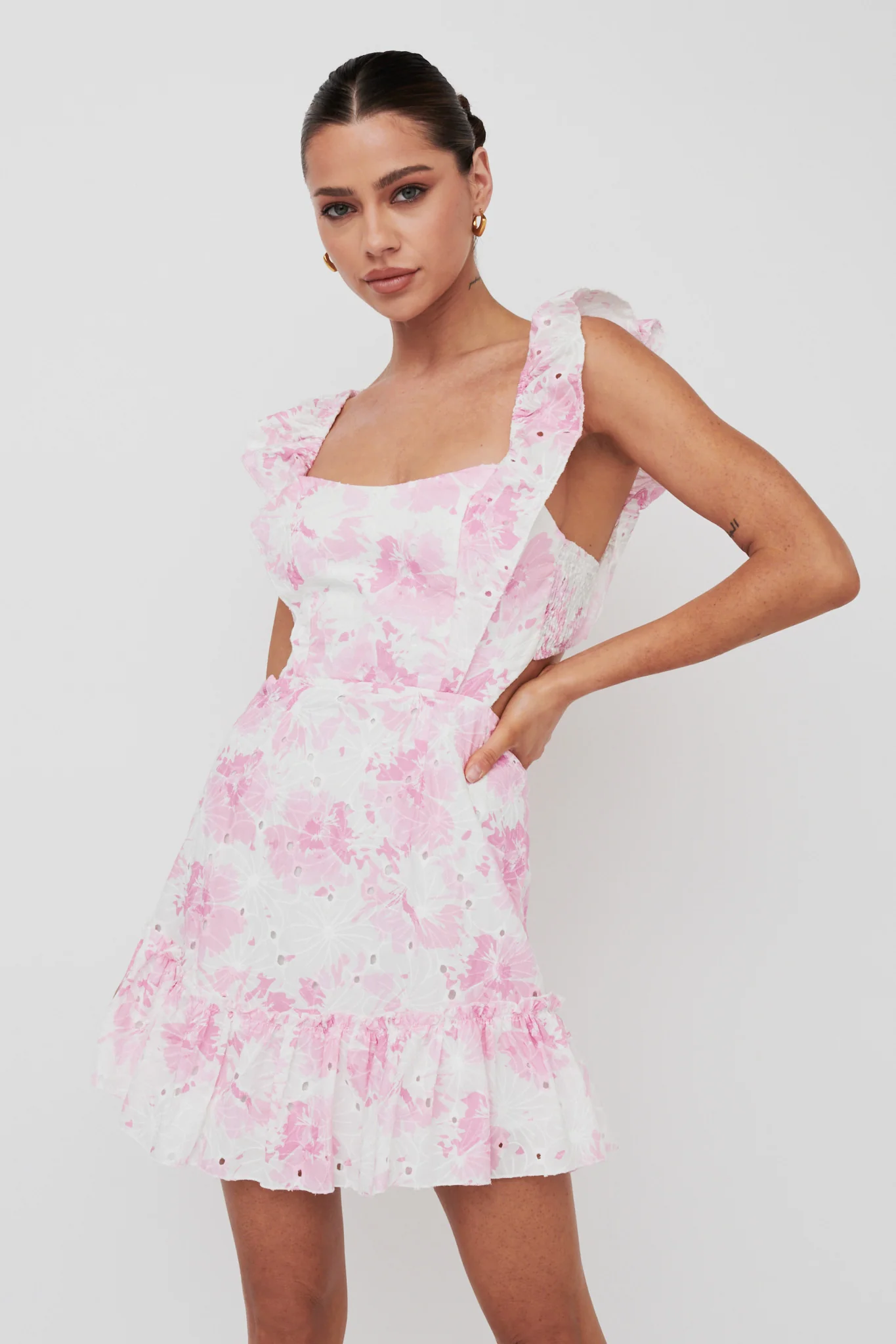 Porcia Tied Back Frill Dress Floral Pink - Sonourner