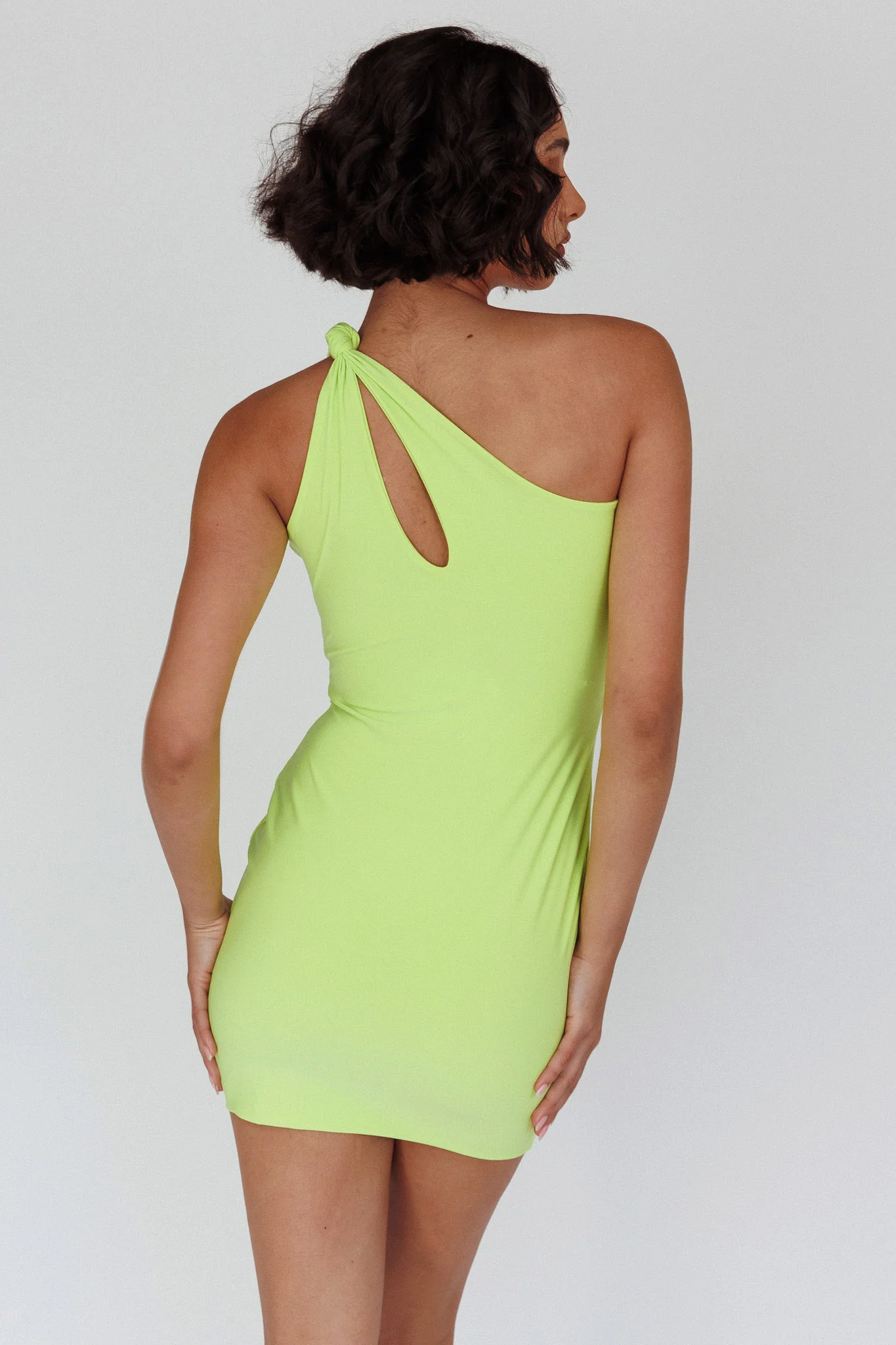 Malaga One-Shoulder Keyhole Mini Dress Lime - Sonourner