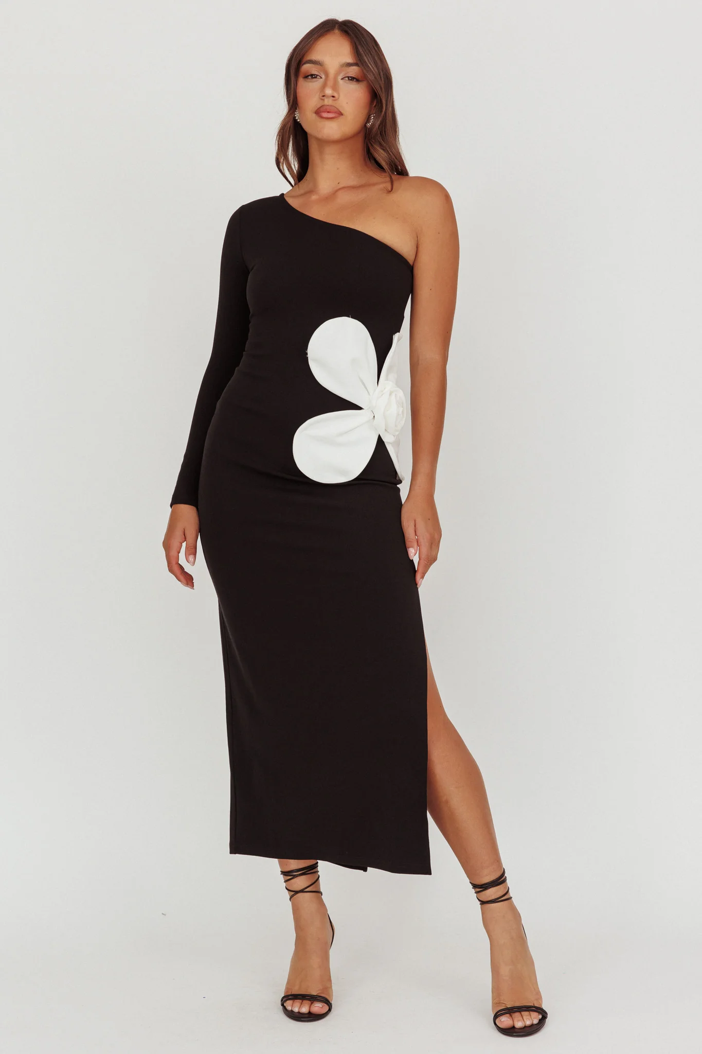 No Competition One-Shoulder Oversized Flower Maxi Dress Black - Sonourner