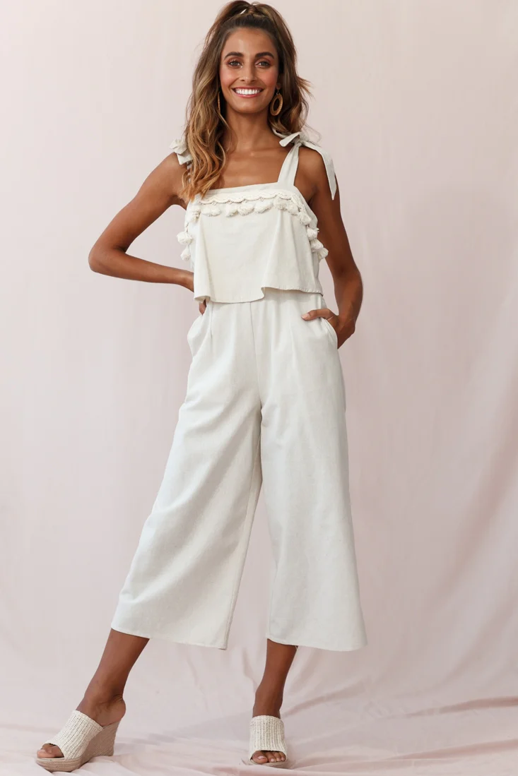 Sirocco Tassel Trim Tied Shoulder Midi Jumpsuit Natural - Sonourner