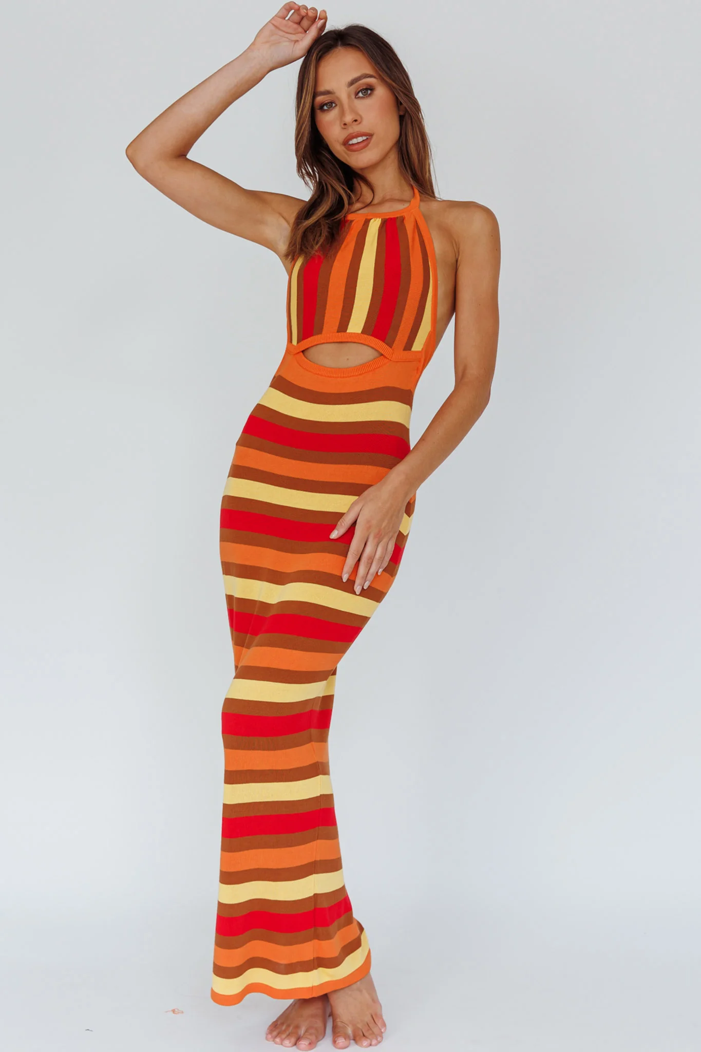 French Riviera Halterneck Knit Maxi Dress Brown/Orange - Sonourner