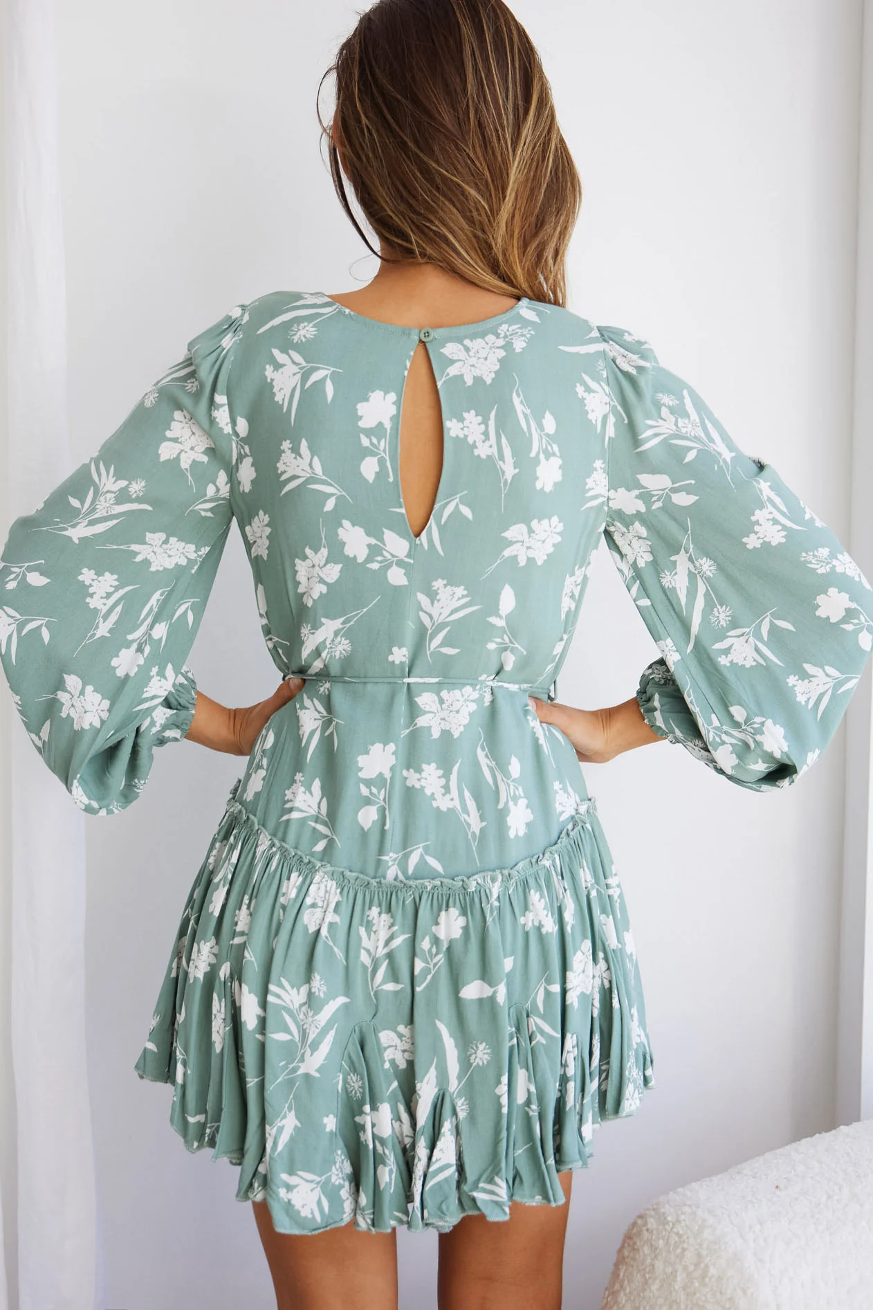 Rosabel Balloon Sleeve Fluted Hem Dress Botanic Print Sage - Sonourner