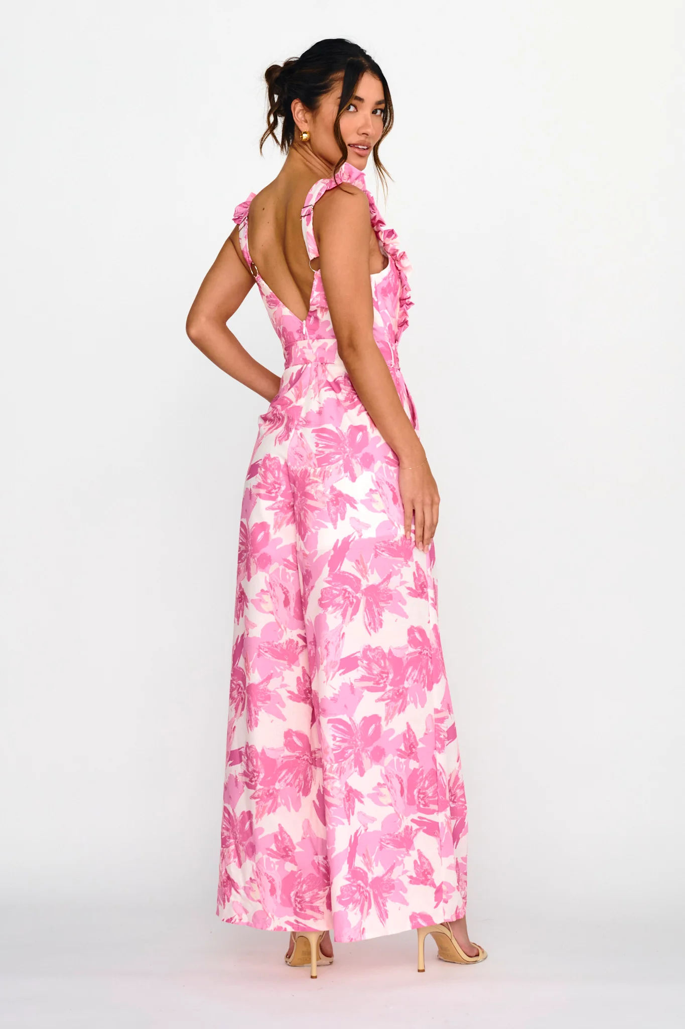 All For Love Square Neckline Ruffle Strap Jumpsuit Floral Pink - Sonourner