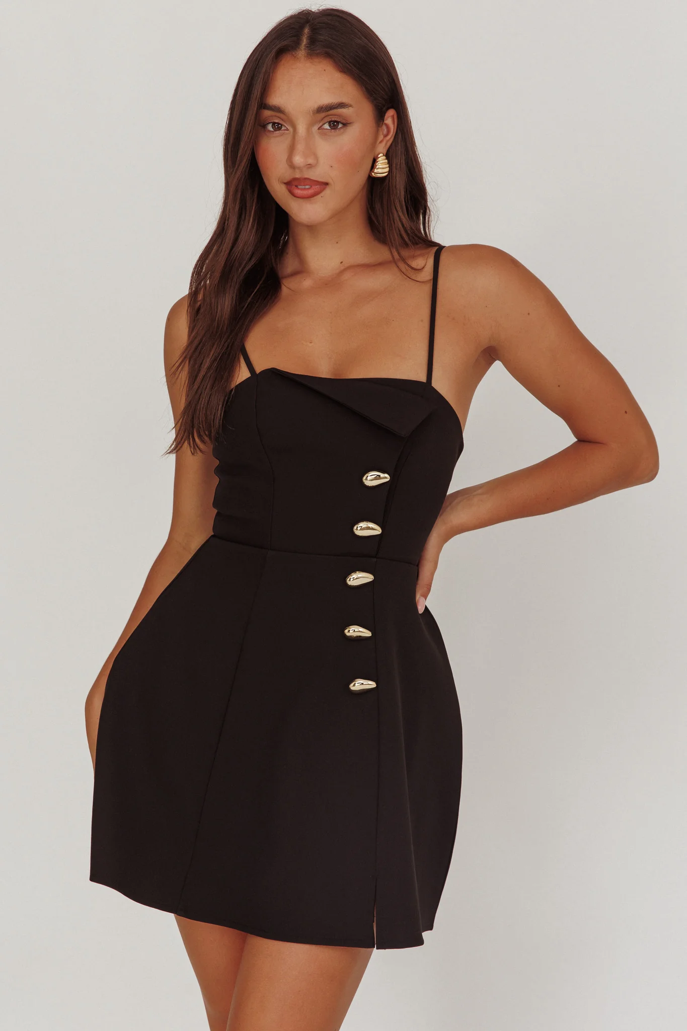 Captivated Button Feature Mini Dress Black - Sonourner