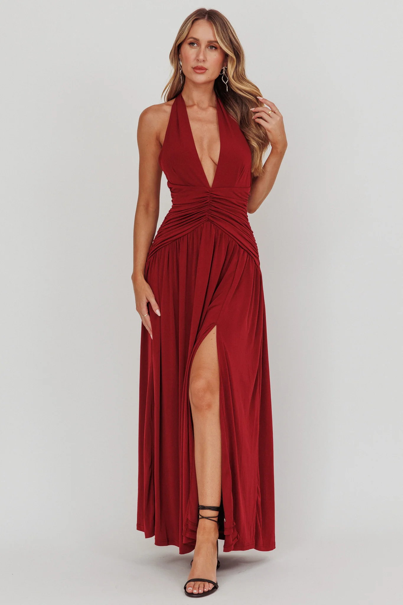 Italia Azure Gathered Waist Maxi Dress Wine - Sonourner