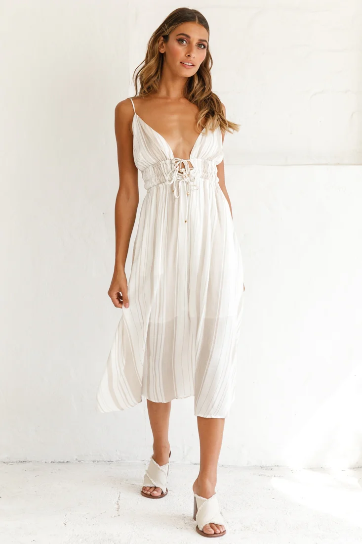 Hosanna Drawstring Detail Pocket Midi Dress Stripe Print Mocha - Sonourner