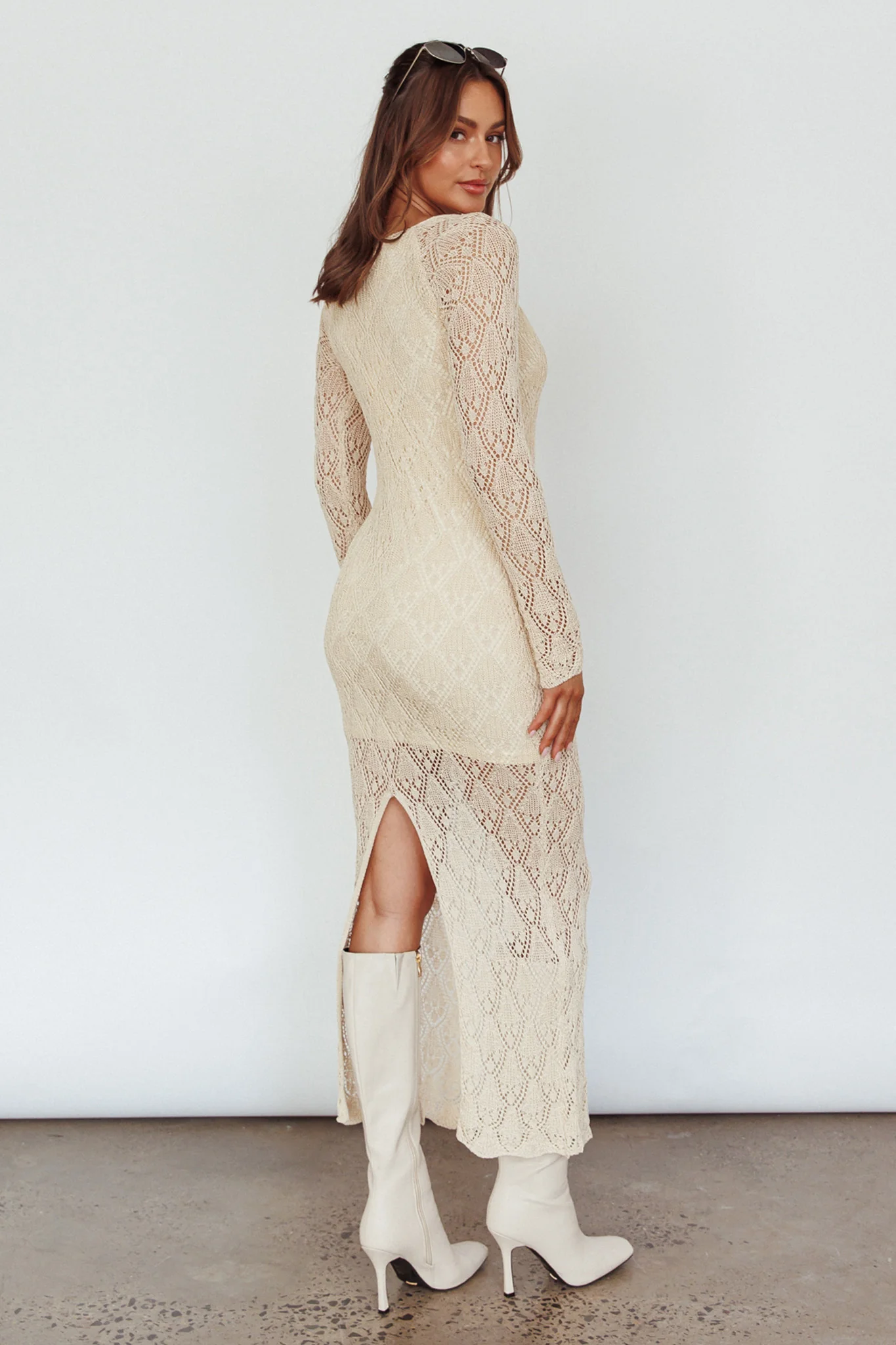 Happy Place Long Sleeve Crochet Midi Dress Beige - Sonourner