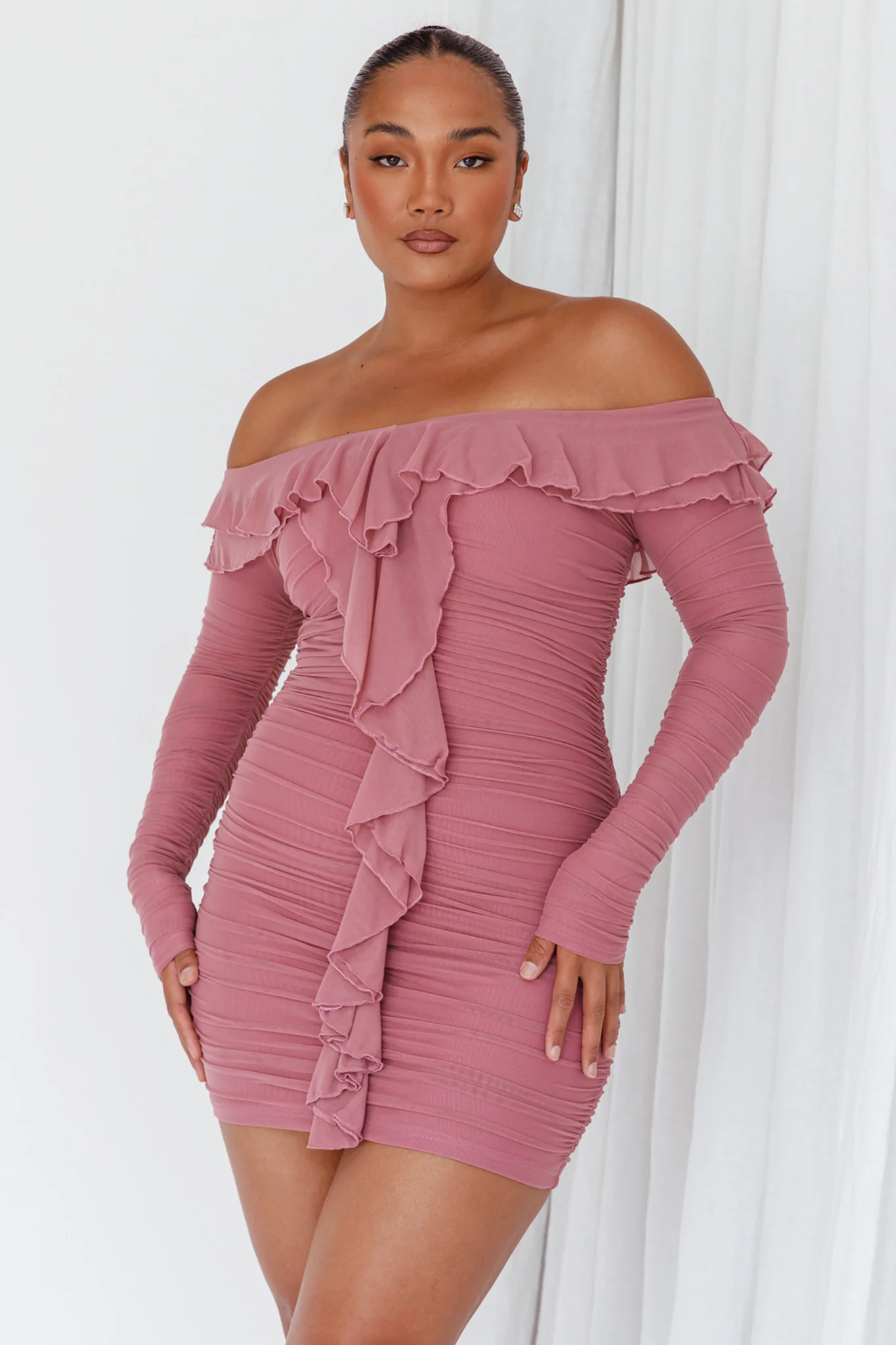 Confession Off-Shoulder Long Sleeve Mini Dress Mauve - Sonourner