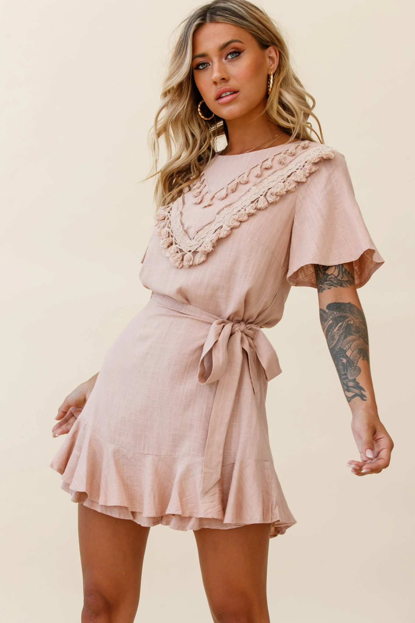 Angelique Tassel Bust Wrap Bottom Dress Mocha - Sonourner