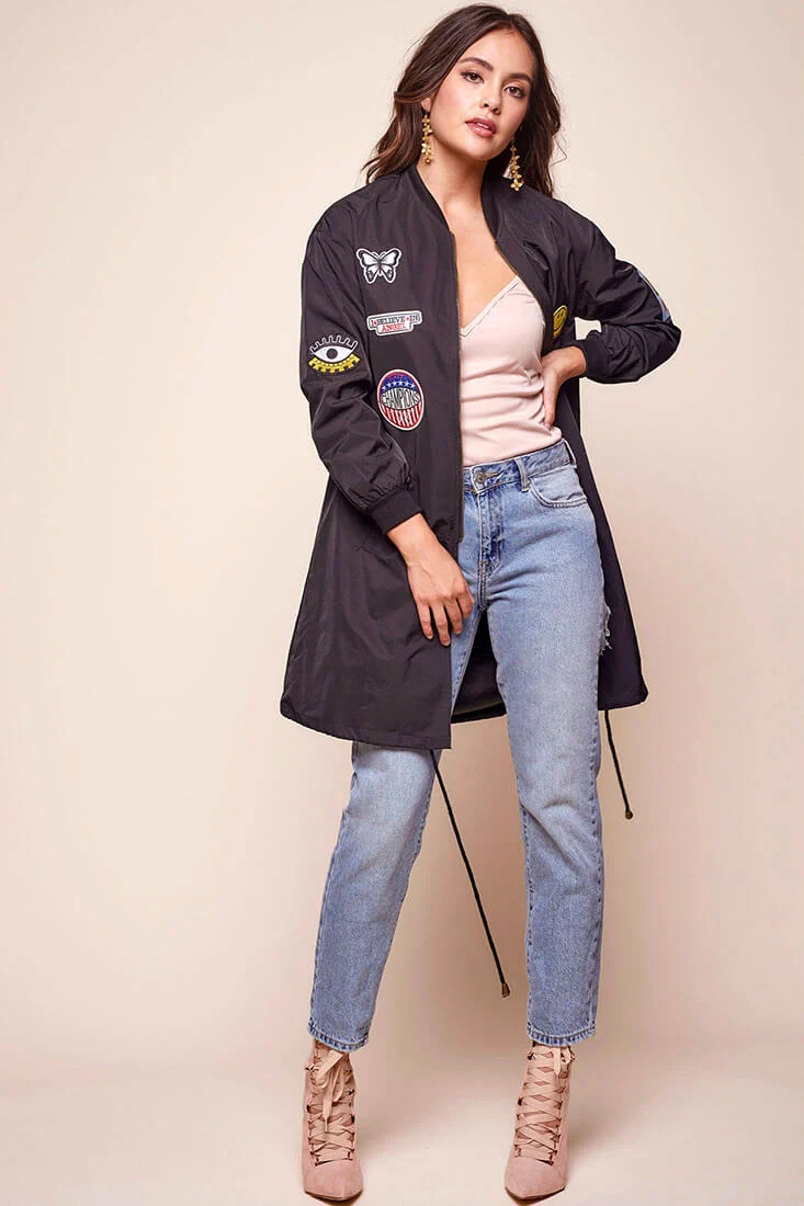 Harlan Long Patchwork Bomber Jacket Black - Sonourner