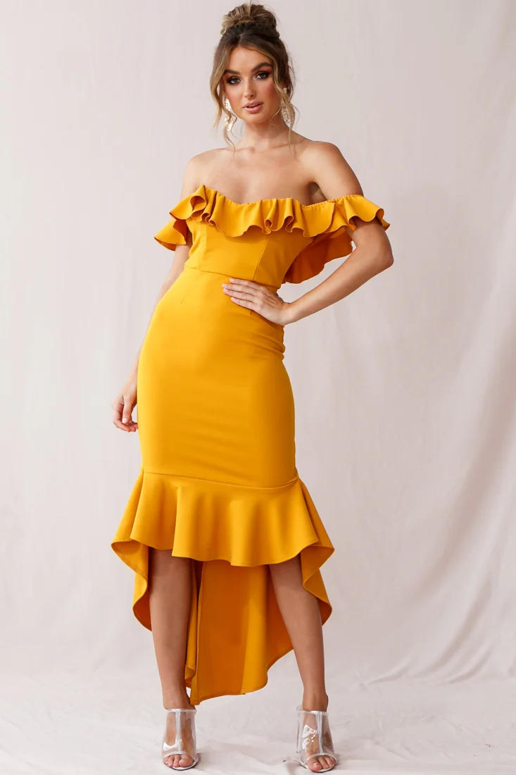 Cloud 9 Bardot Neckline Corset Back Dress Mustard - Sonourner