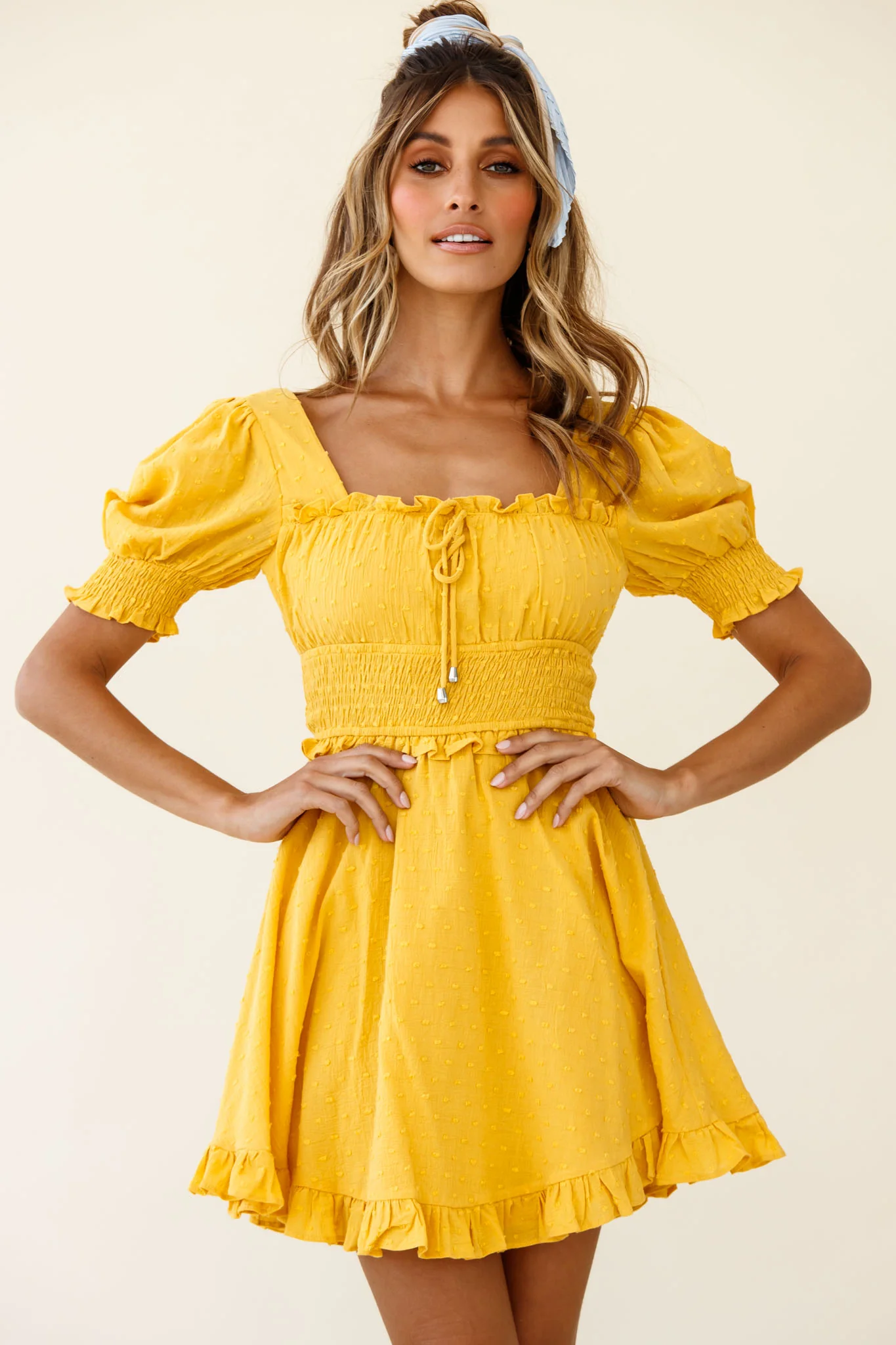 Summer In Paris Puff Sleeve Open Back Dress Mustard - Sonourner