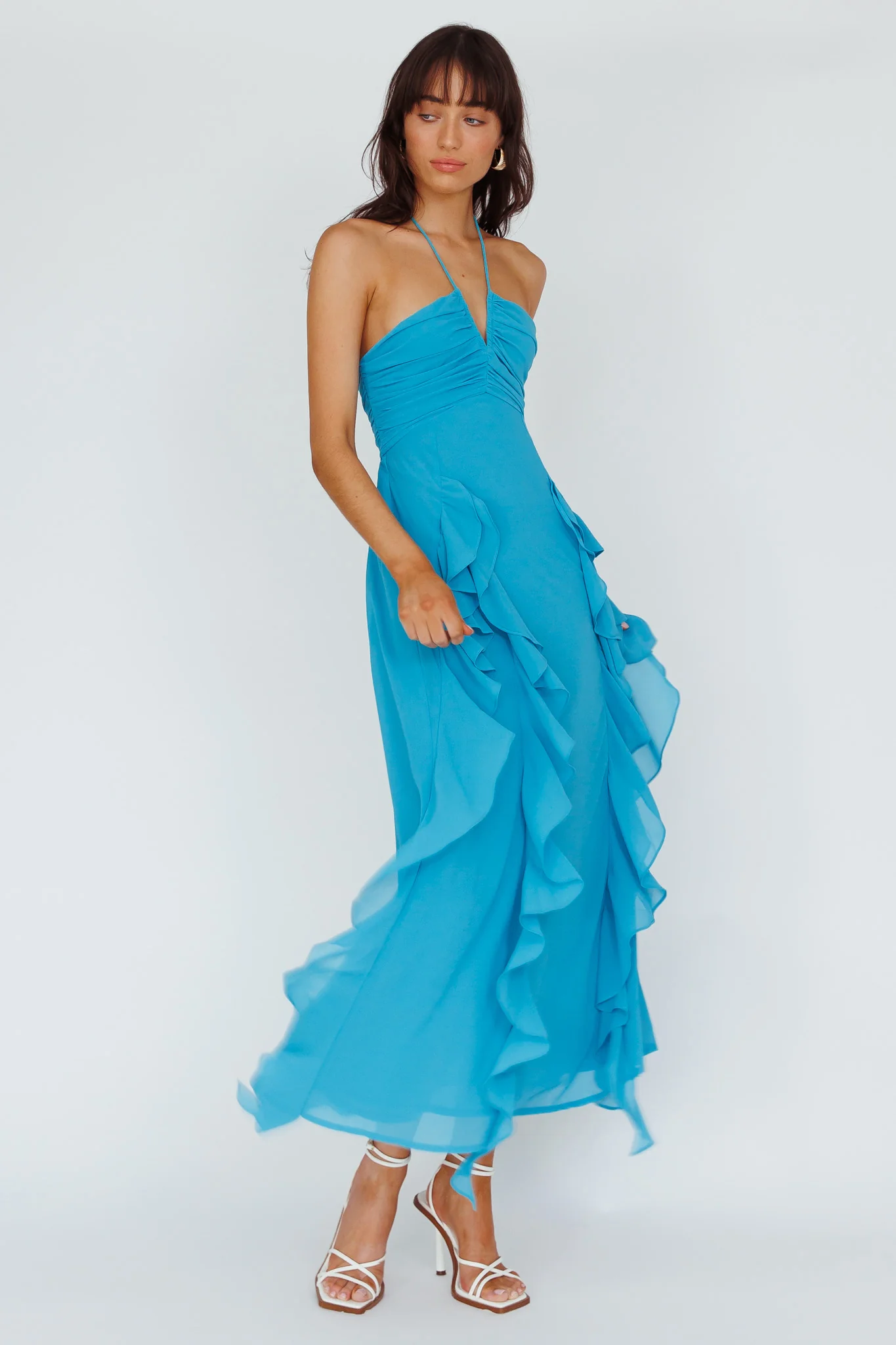 Asiah Ruffle Trim Halterneck Maxi Dress Cerulean Blue - Sonourner