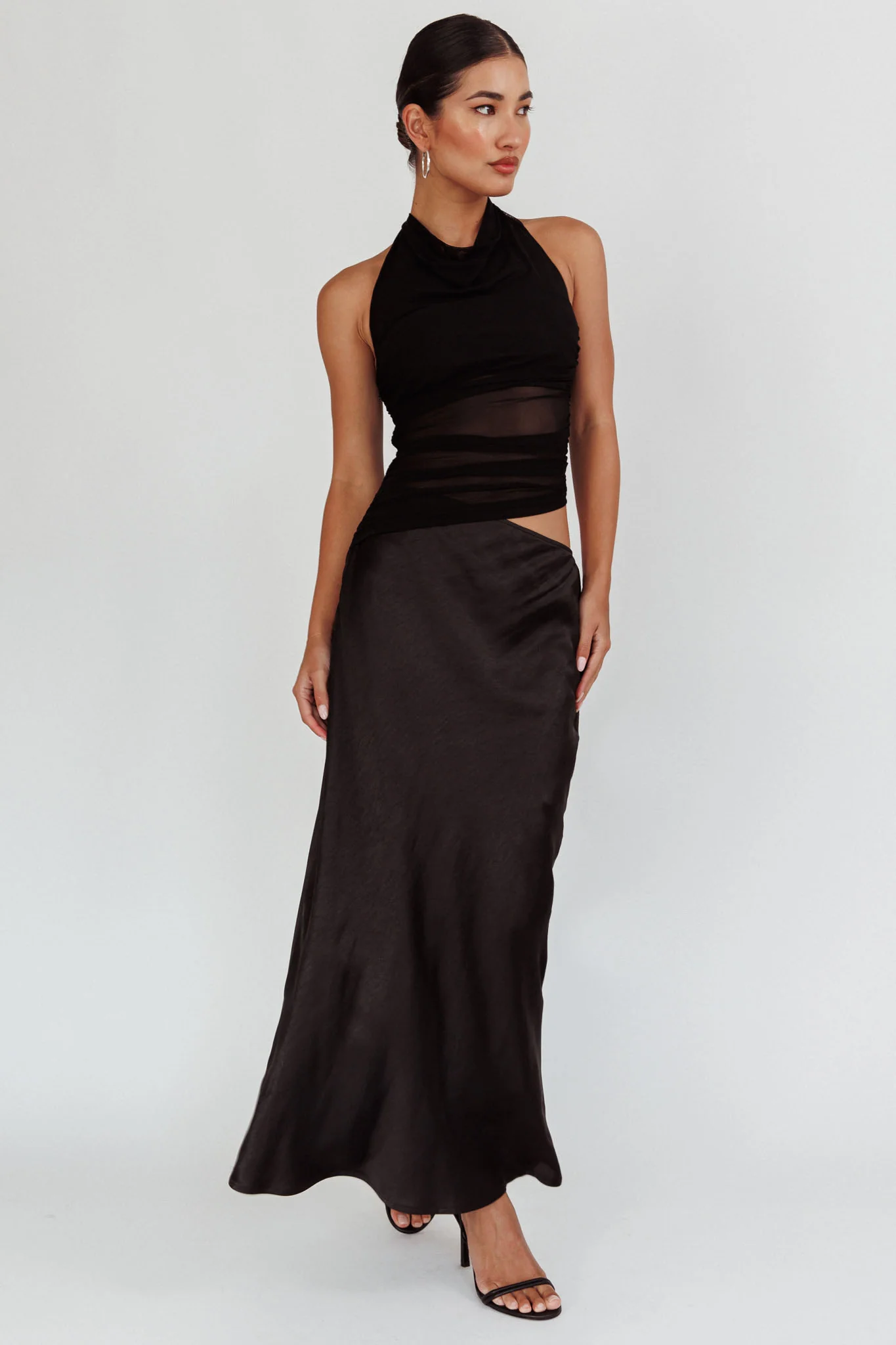 Lorely Ruched Bodice Halterneck Maxi Dress Black - Sonourner